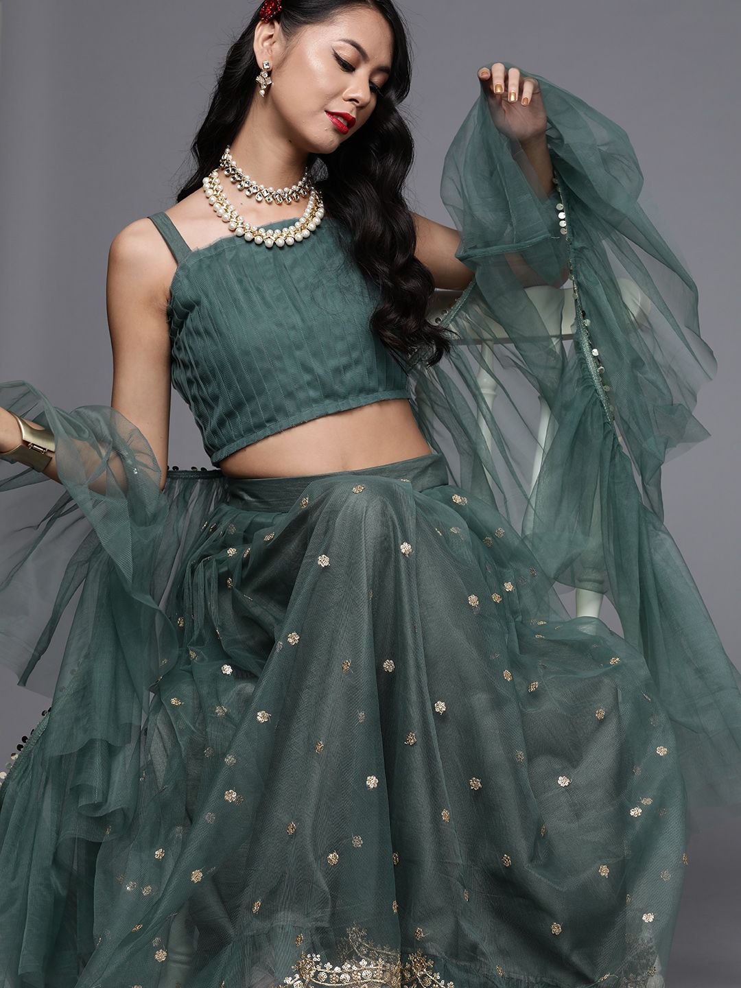 Inddus Green & Golden Solid Semi-Stitched Lehenga & Unstitched Blouse with Dupatta