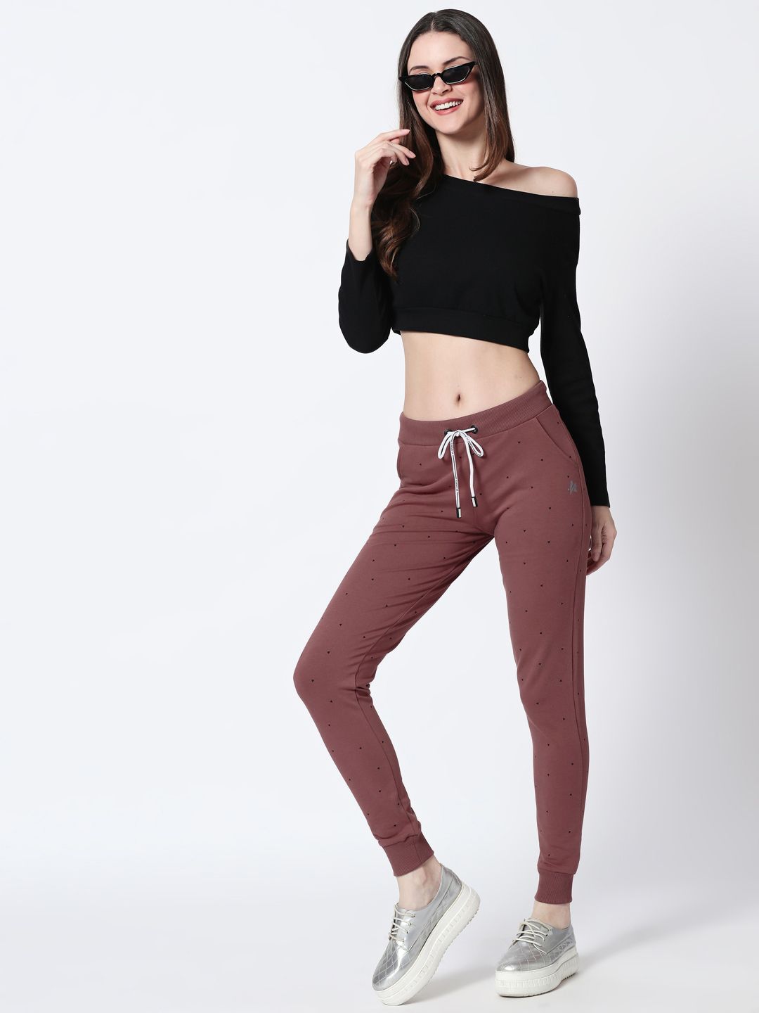 Zeyo Women Mauve & Black Printed Joggers Price in India