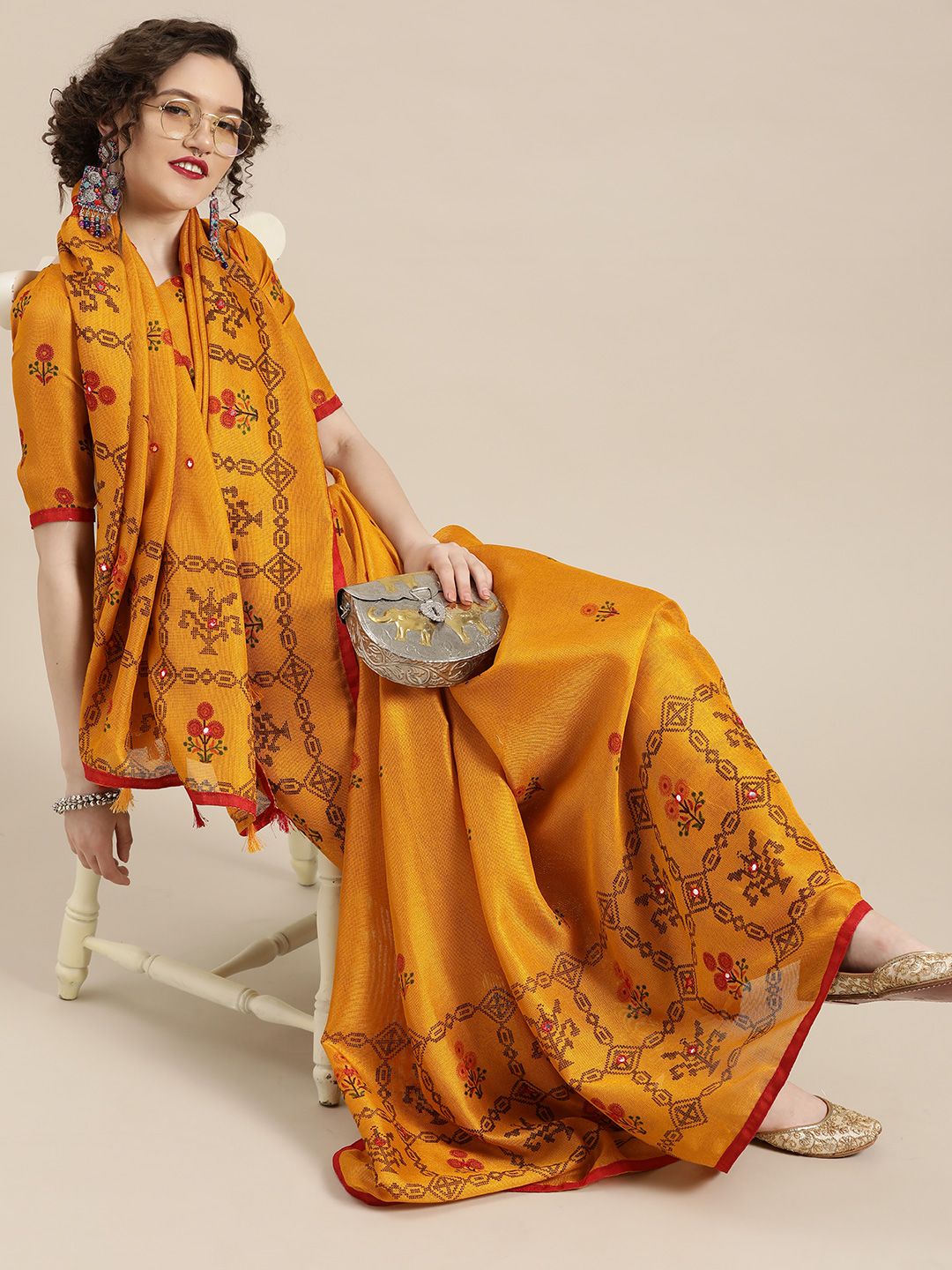 Saree mall Mustard Yellow & Red Floral Block Print Saree with Mirror Work Price in India