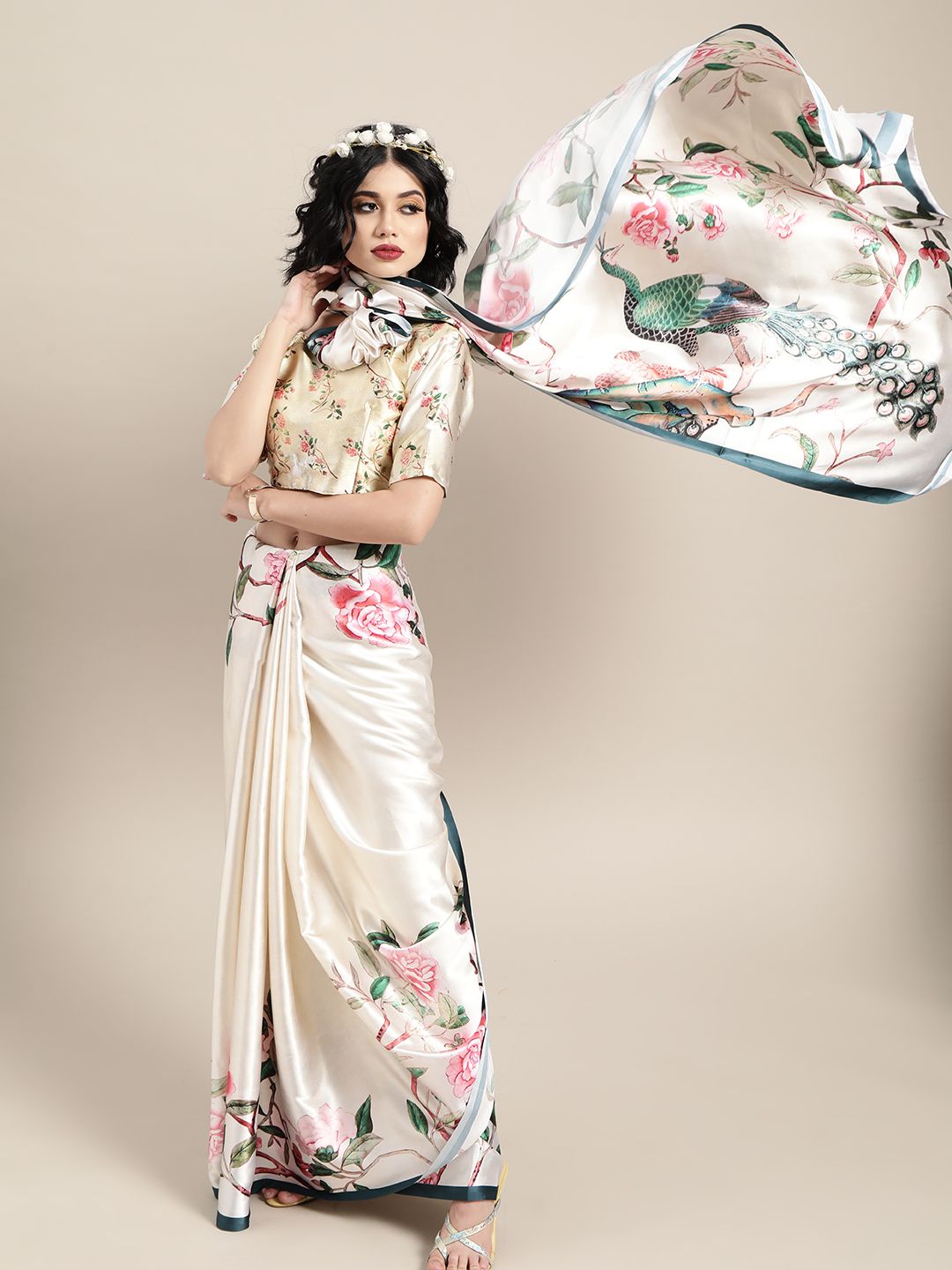 Saree mall Cream-Coloured & Pink Satin Floral Block Print Saree