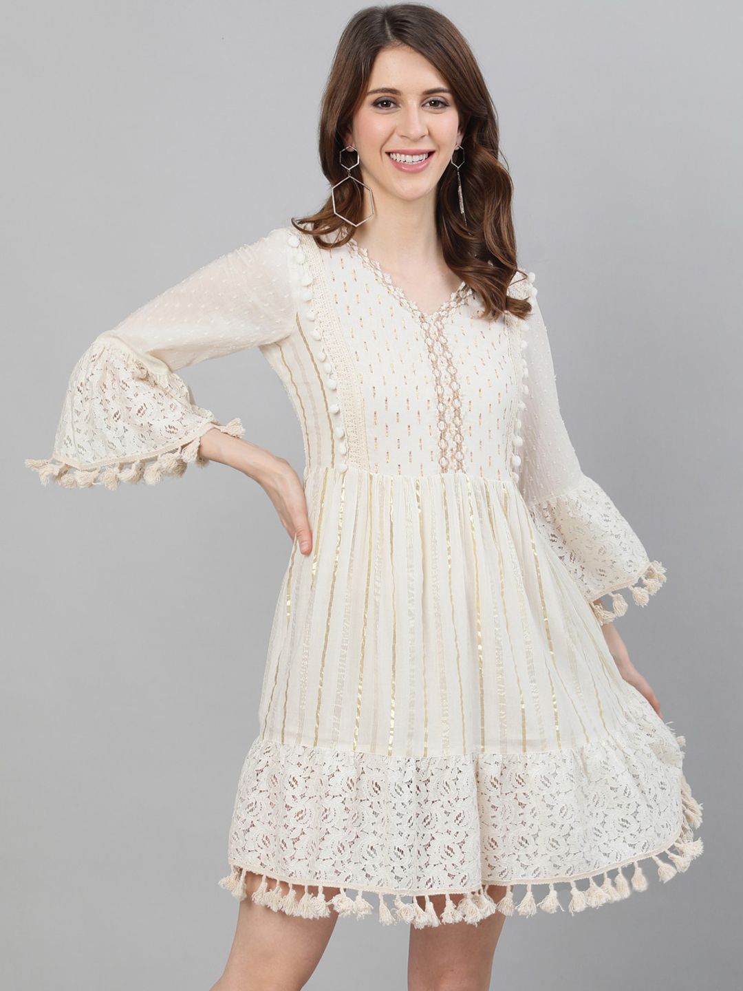 Ishin Off-White Self Design Fit and Flare Dress Price in India