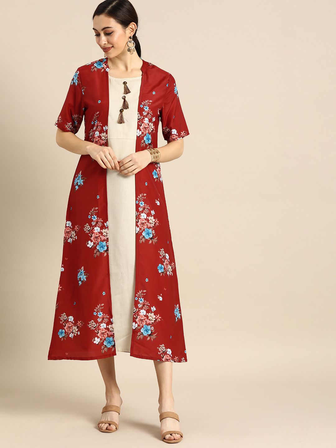 Anouk Women Off-White Solid A-Line Dress With Floral Printed Jacket