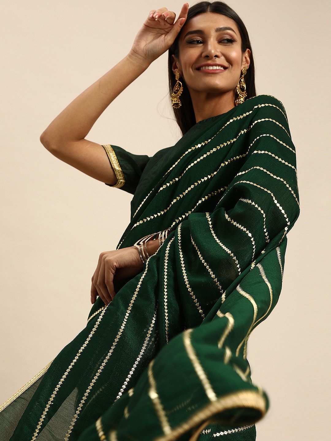 Anouk Green & Gold-Toned Silk Blend Embroidered Saree