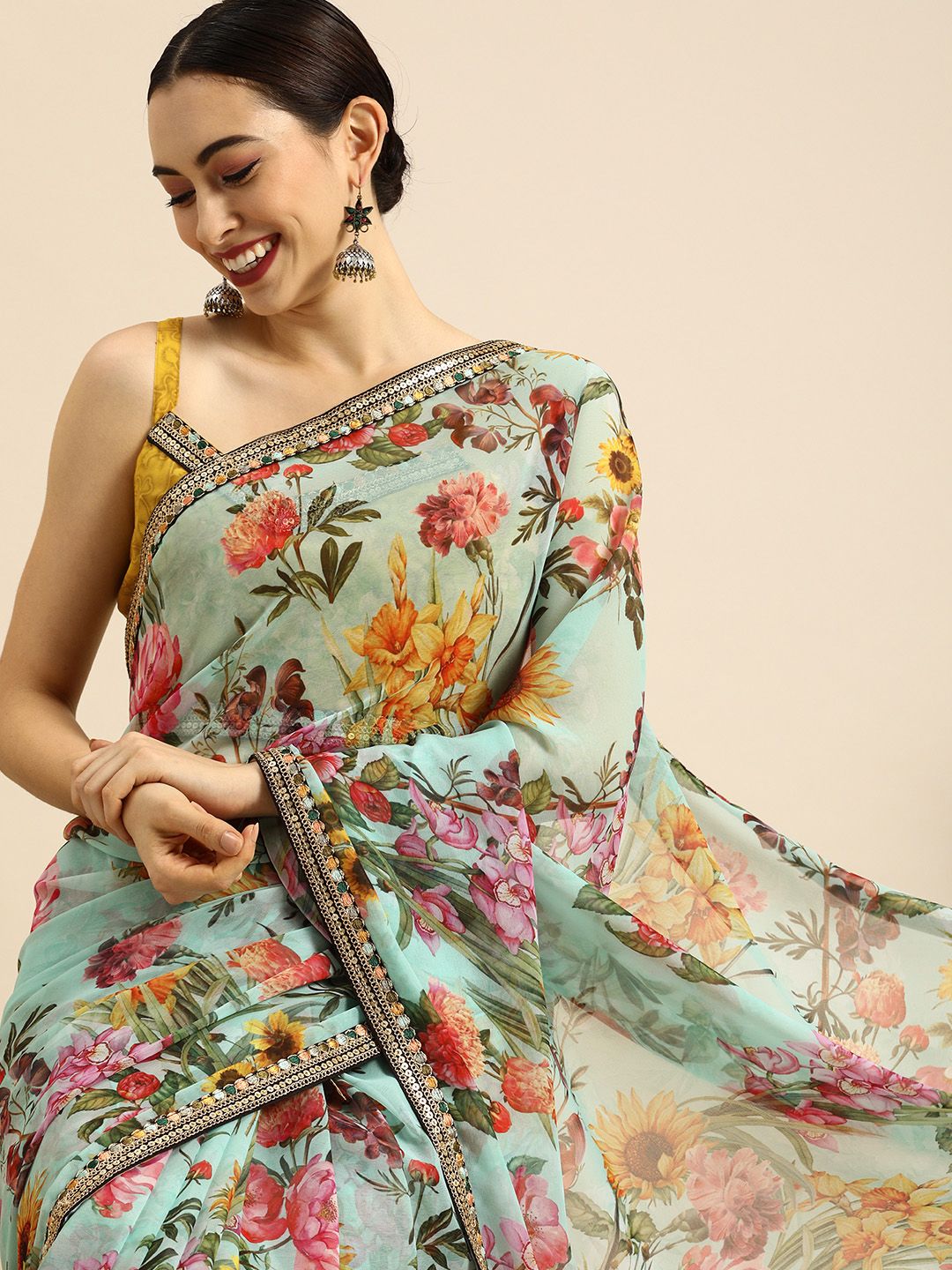 Anouk Sea Green & Yellow Pure Georgette Floral Printed Saree Price in India