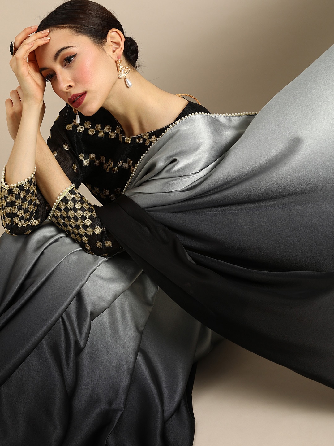 Anouk Black & Grey Satin Colourblocked Saree Price in India