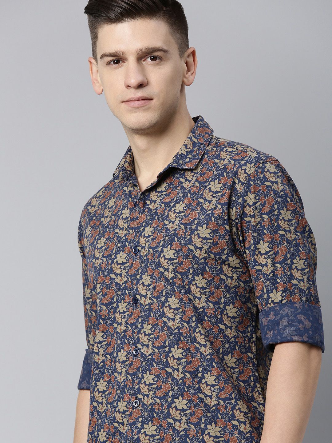 Mast & Harbour Men Navy Blue & Beige Floral Printed Casual Shirt