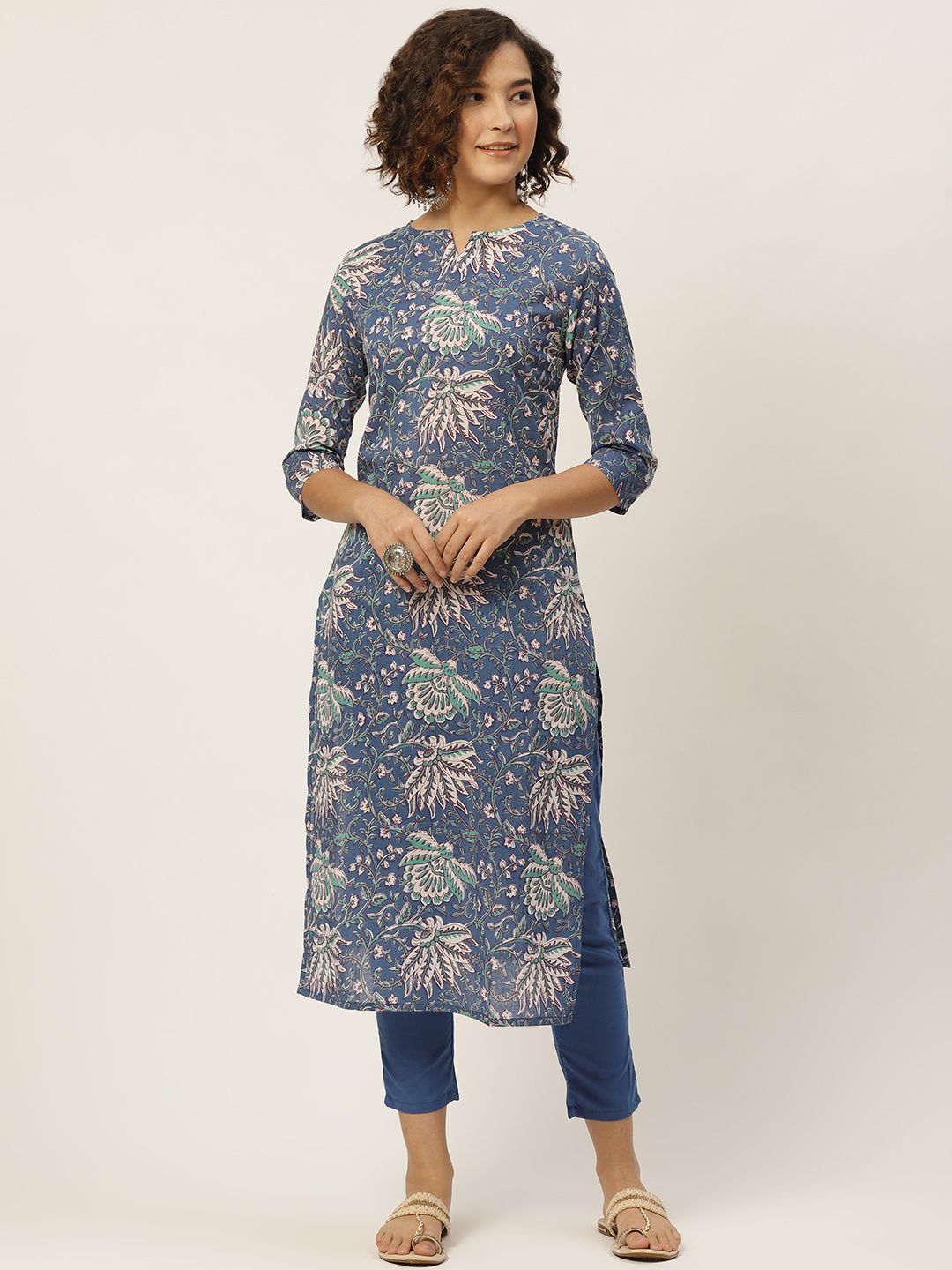 Anouk Women Navy Blue & Green Printed Pure Cotton Kurta with Trousers Price in India