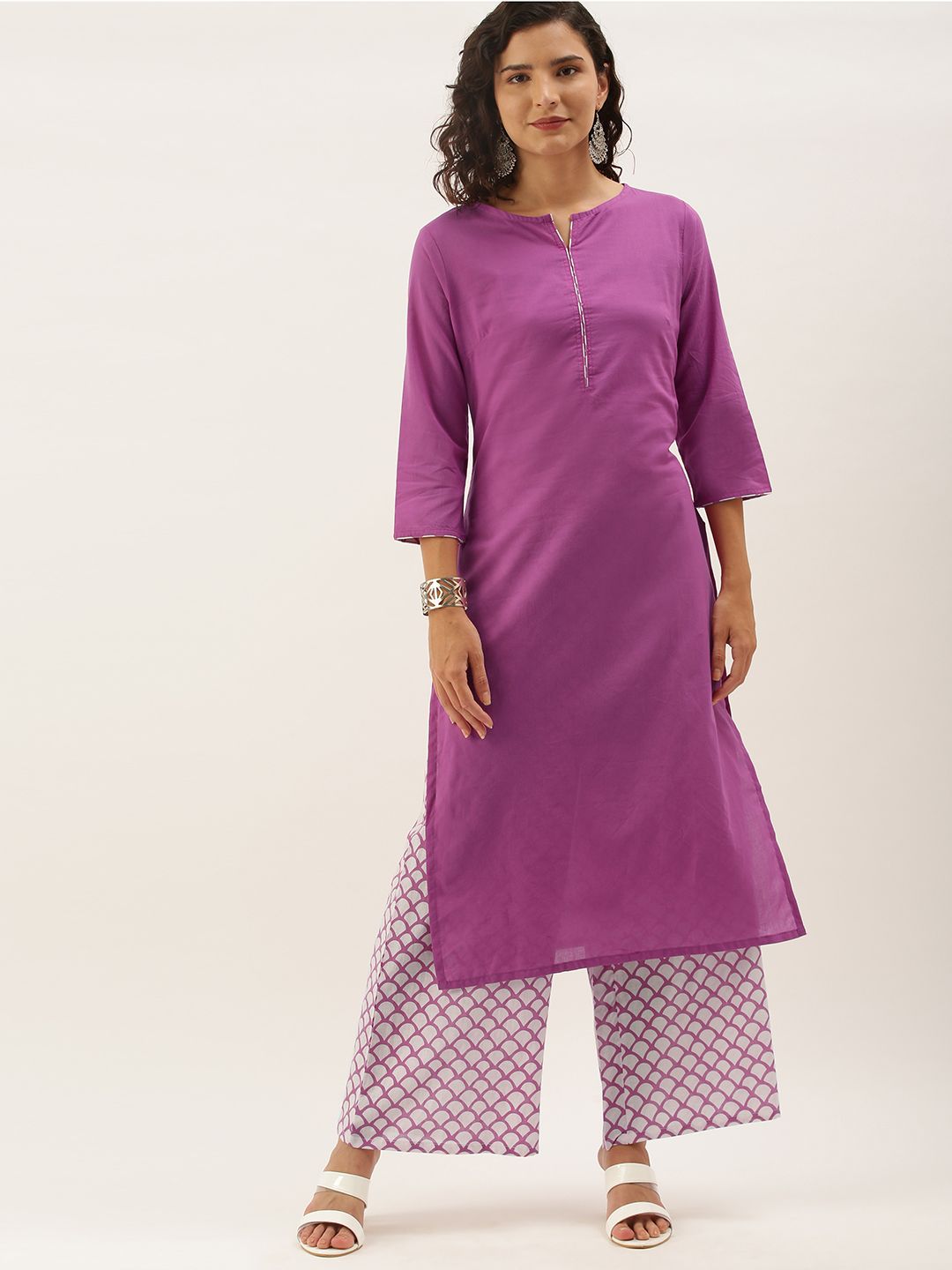 Anouk Women Purple Pure Cotton Kurta with Palazzos Price in India