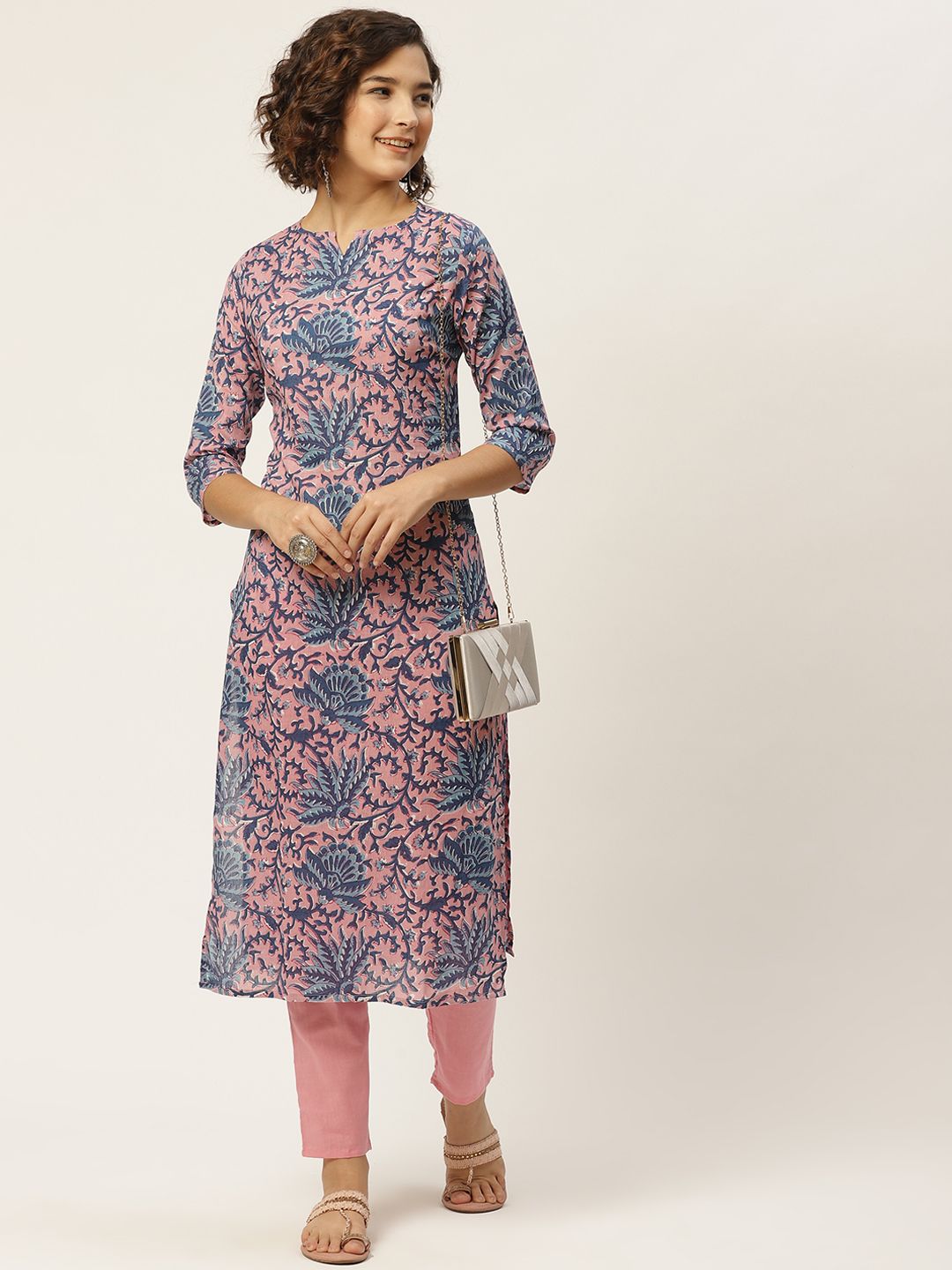 Anouk Women Pink & Navy Blue Ethnic Motifs Printed Pure Cotton Kurta with Trousers Price in India