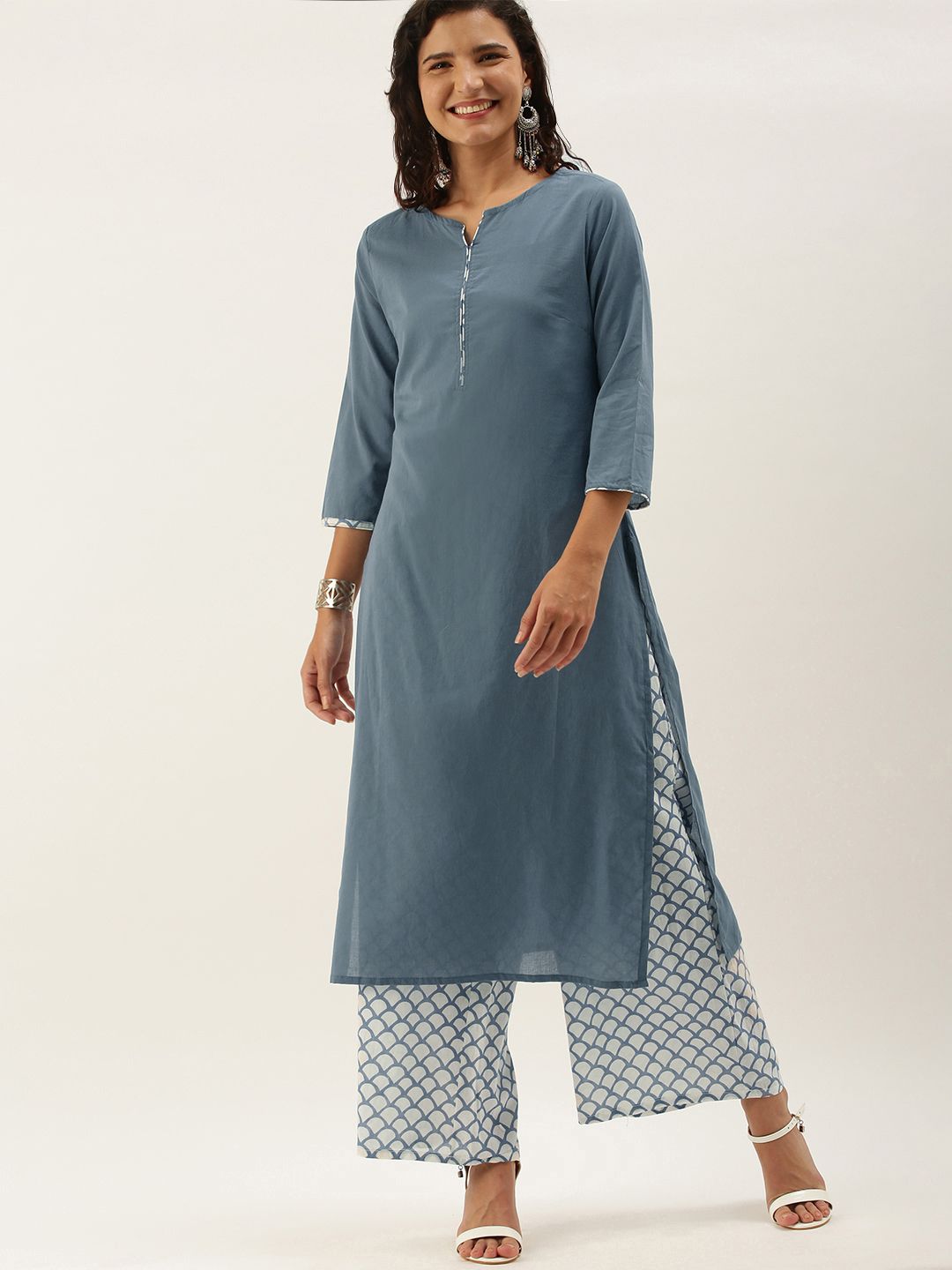 Anouk Women Grey & White Pure Cotton Kurta with Palazzos Price in India