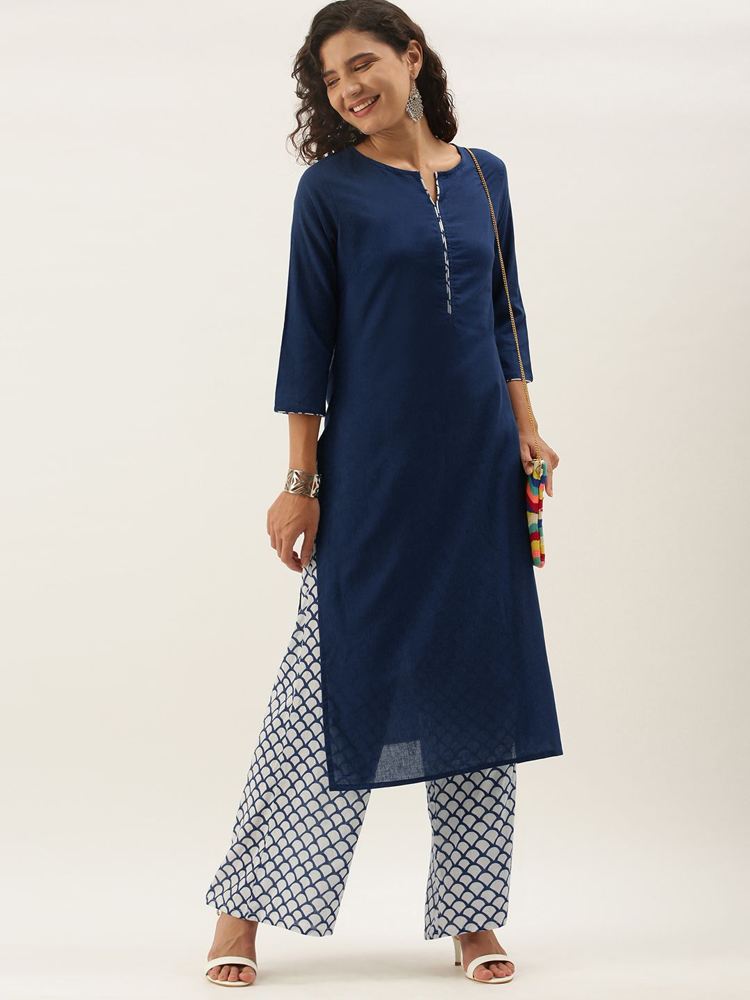 Anouk Women Navy Blue & White Pure Cotton Kurta with Palazzos Price in India