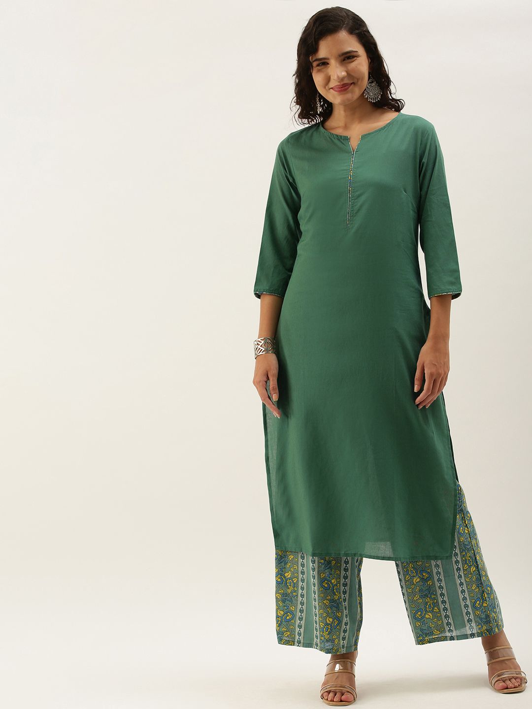 Anouk Women Green Pure Cotton Kurta with Palazzos Price in India