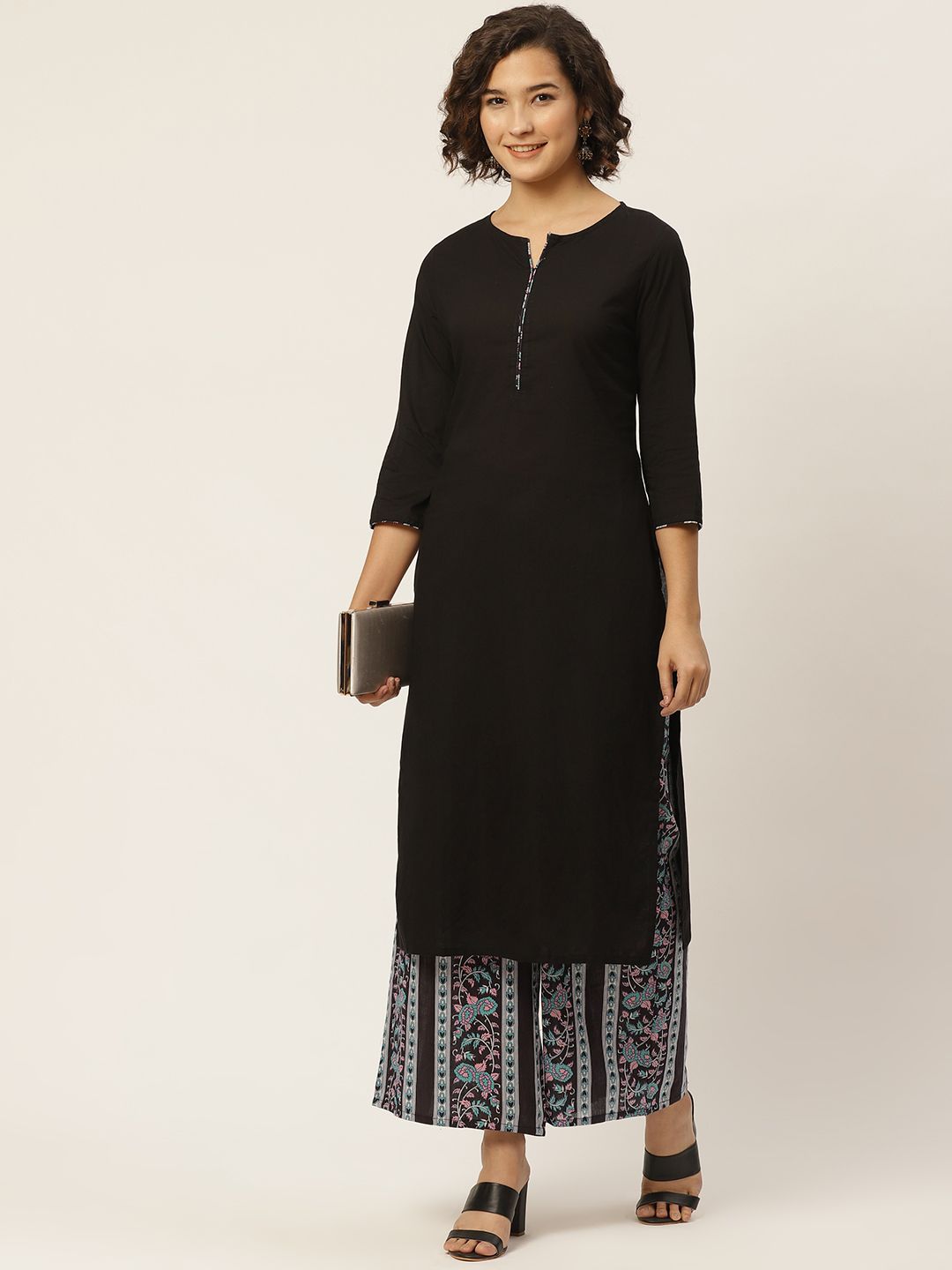 Anouk Women Black & Coffee Brown Straight Pure Cotton Kurta with Palazzos Price in India