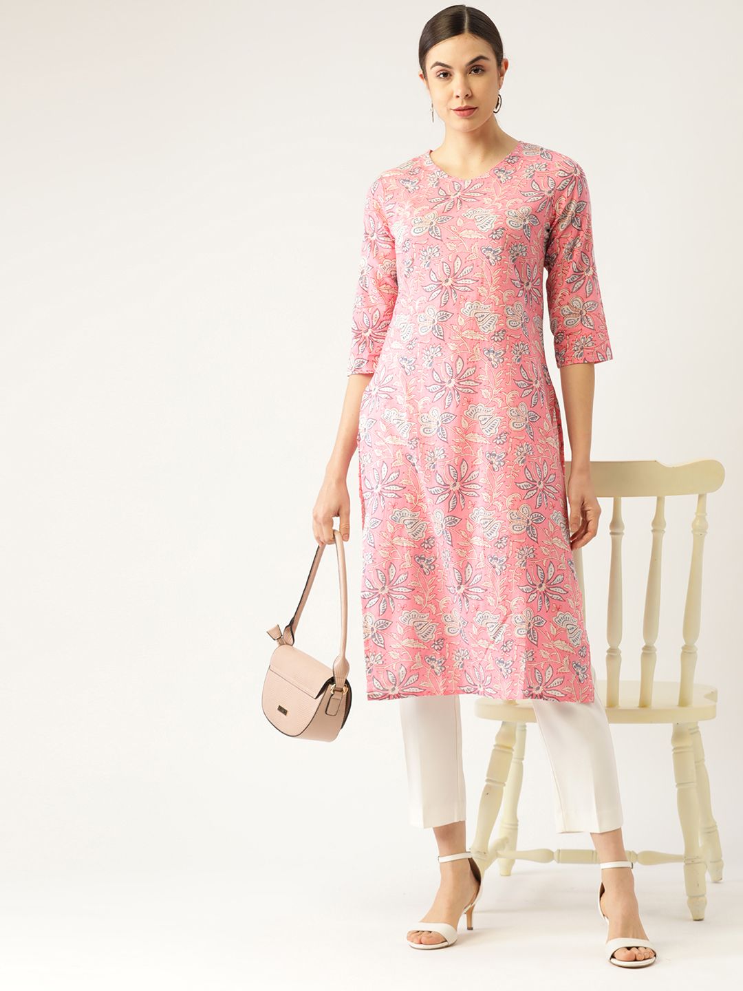 Anouk Women Pink & Off White Ethnic Motifs Printed Straight Kurta