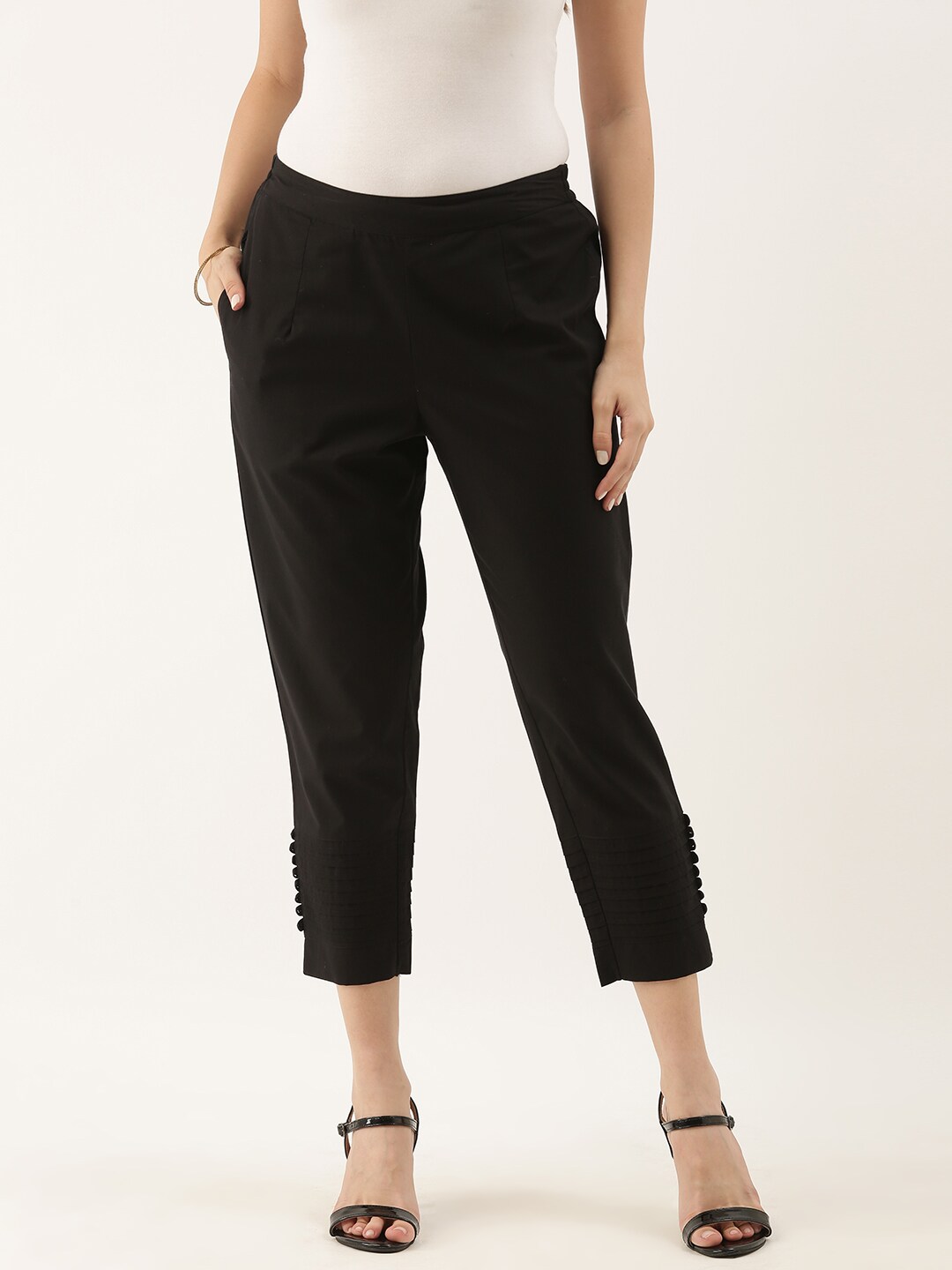 Anouk Women Black Pure Cotton Cropped Trousers Price in India
