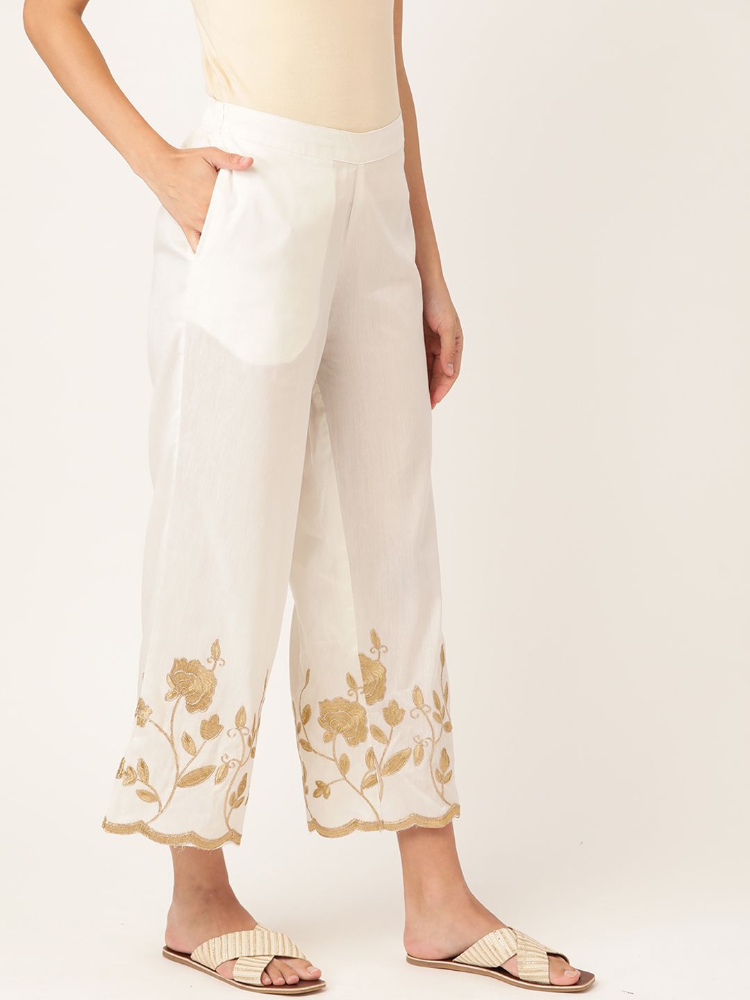 Anouk Women White & Golden Ethnic Motifs Embroidered Cropped Palazzos Price in India