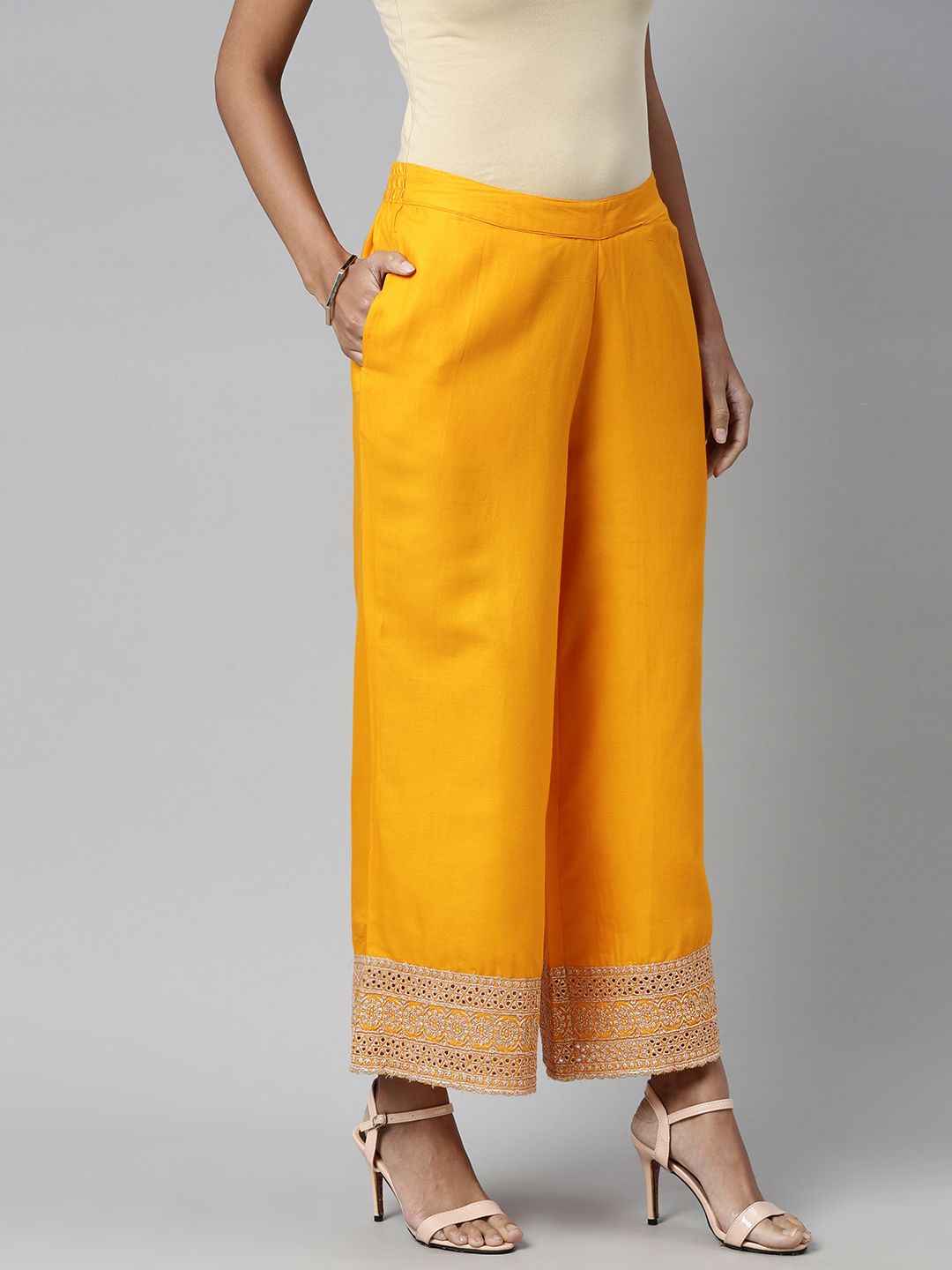 Anouk Women Yellow Knitted Cropped Ethnic Palazzos Price in India