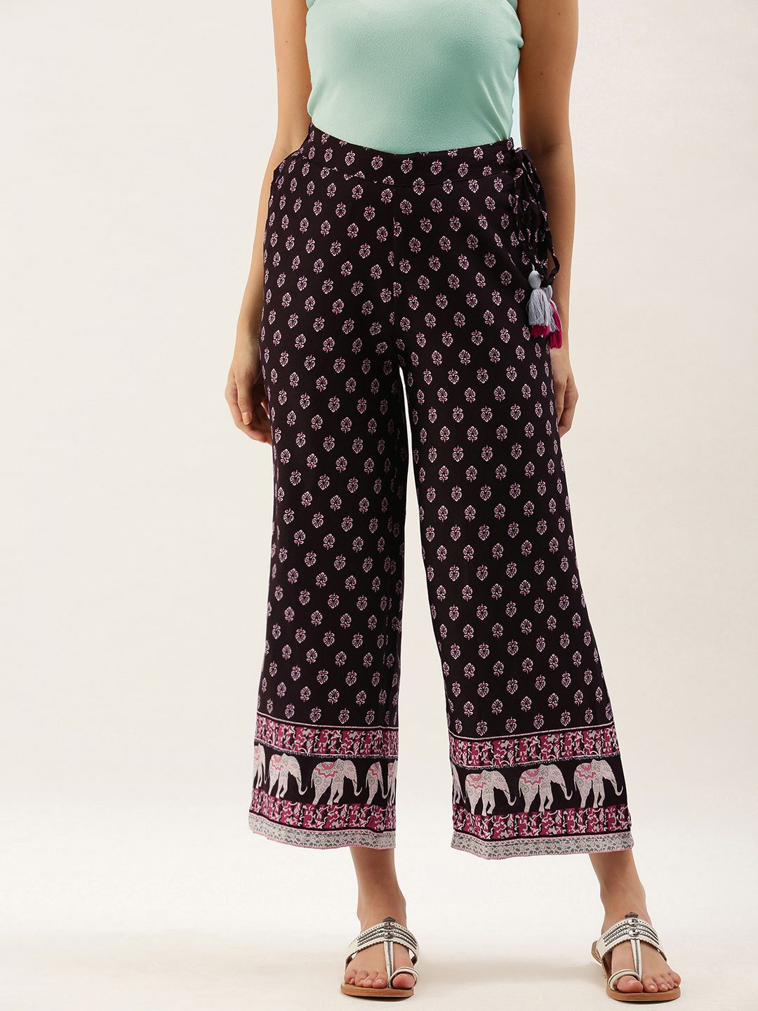 Anouk Women Black & Pink Printed Wide Leg Palazzos Price in India