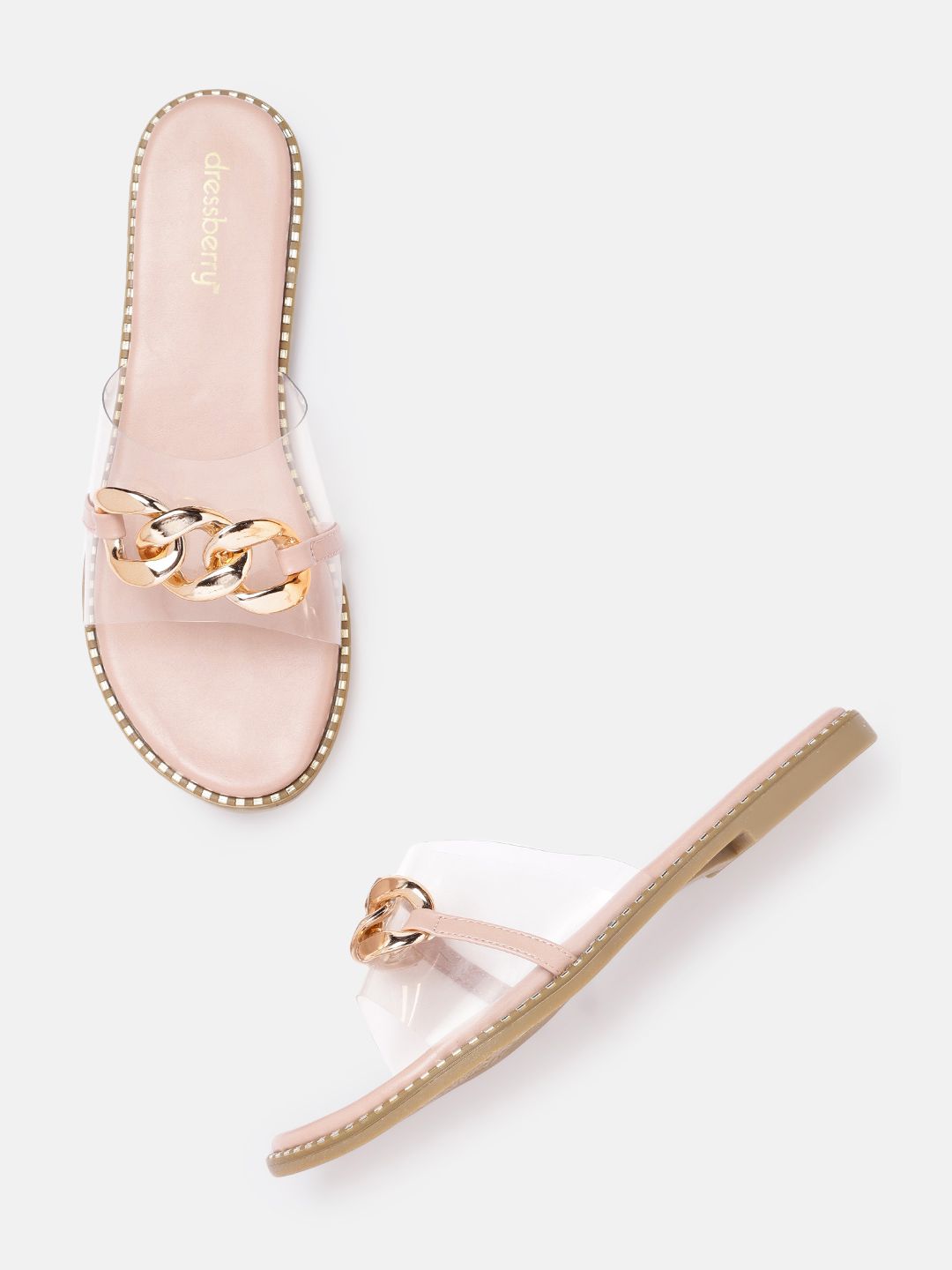 DressBerry Women Rose Gold & Transparent Chain Embellished Open Toe Flats Price in India