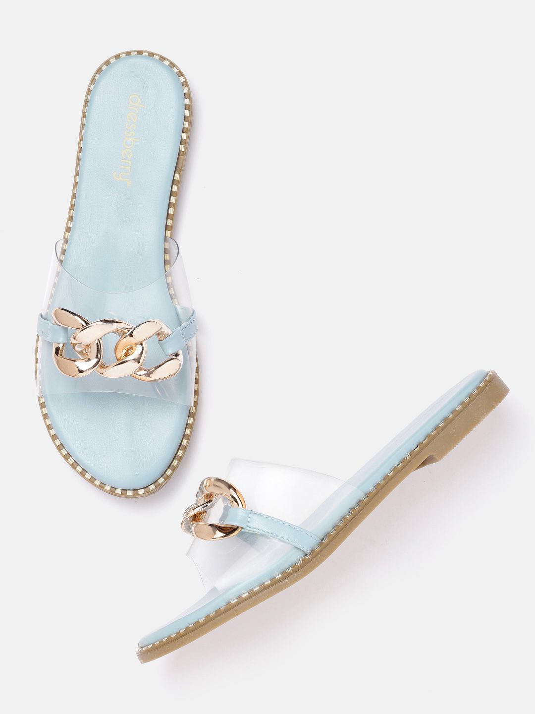 DressBerry Women Rose Gold-Toned & Transparent Chain Embellished Open Toe Flats Price in India