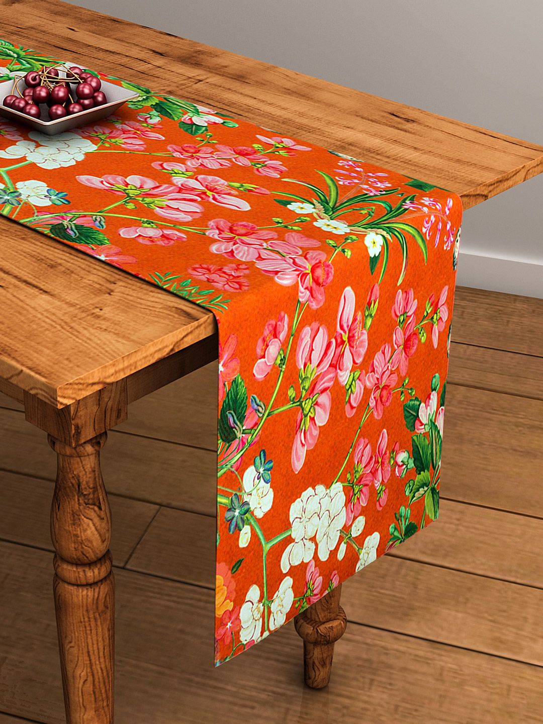 SEJ by Nisha Gupta Orange Floral Print Rectangular 13" x 48" Cotton Table Runner Price in India