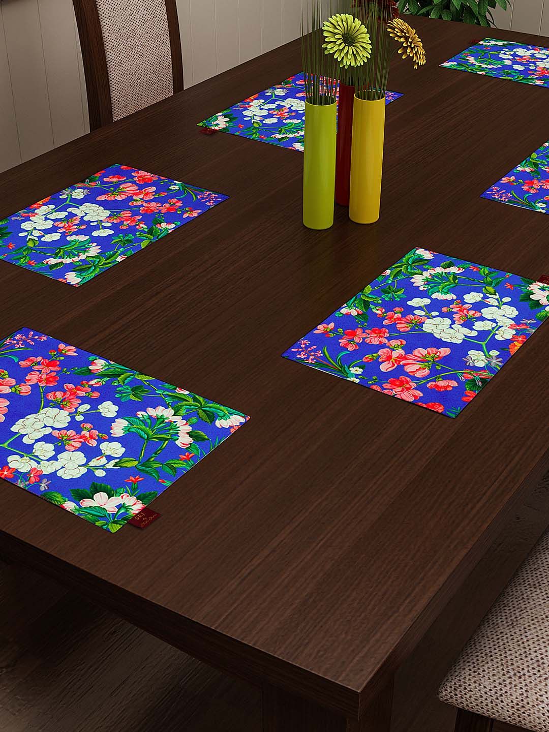 SEJ by Nisha Gupta Blue Set of 4 Floral Print Table Mats Price in India