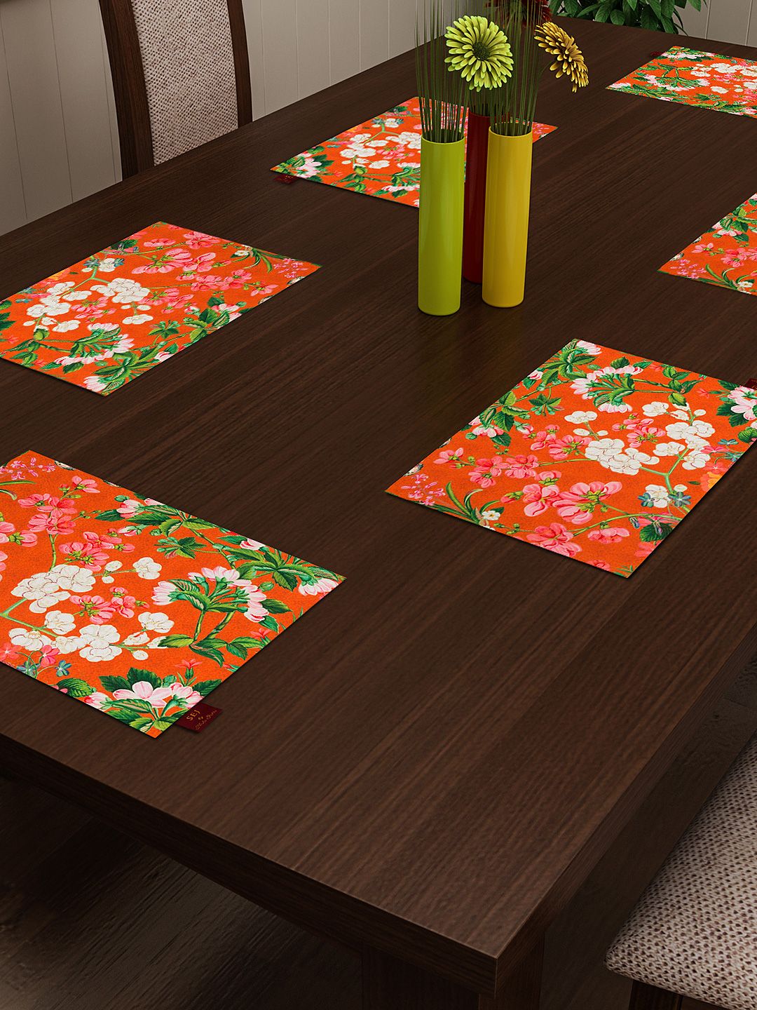 SEJ by Nisha Gupta Orange Set of 6 Floral Print Table Mats Price in India