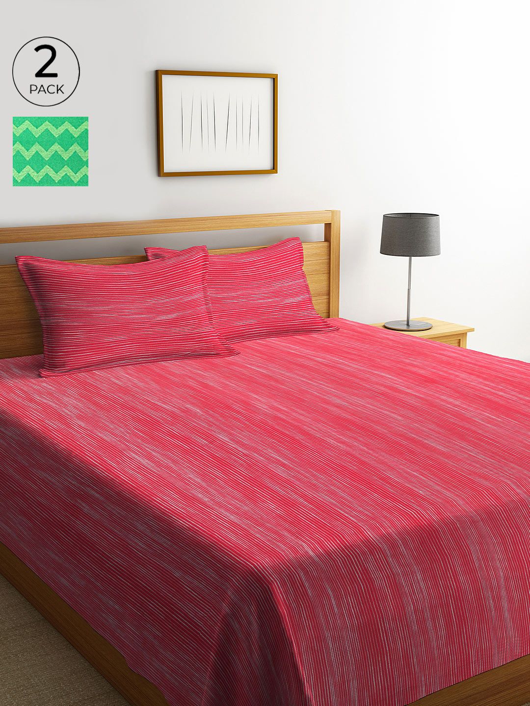 KLOTTHE Set of 2 Pink & Green Woven Design Double Bed Cover with 4 Pillow Covers Price in India