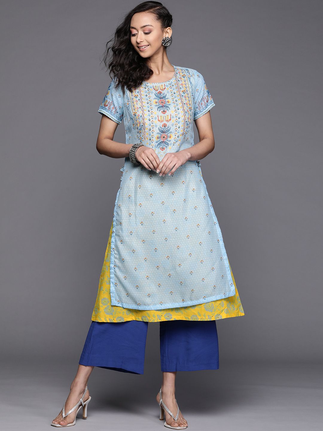 Biba Women Blue & Yellow Ethnic Motifs Printed Sequined Kurta Price in India
