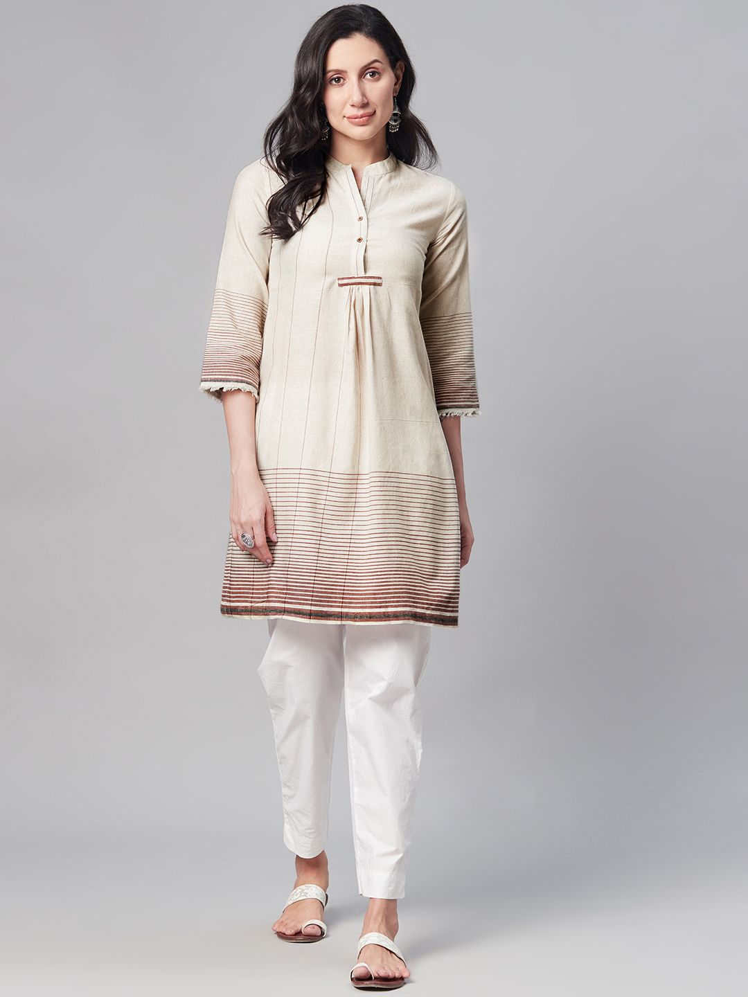 Biba Women Off White & Brown Pure Cotton Striped Kurta Price in India