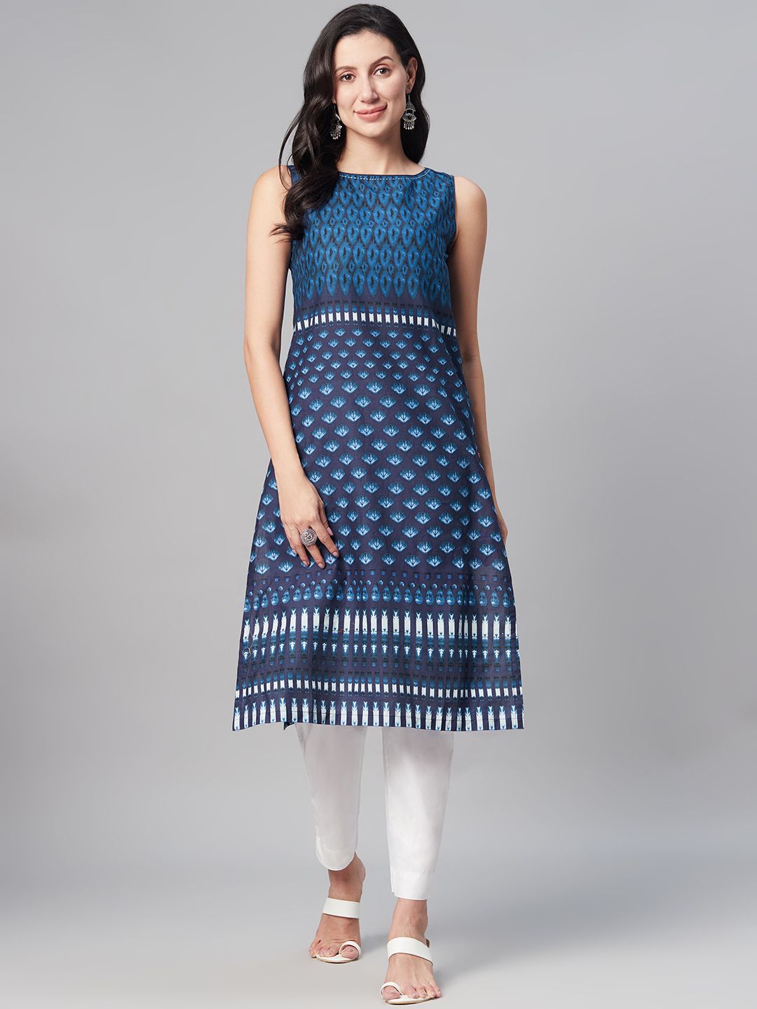 Biba Women Blue Ethnic Motifs Printed Kurta Price in India