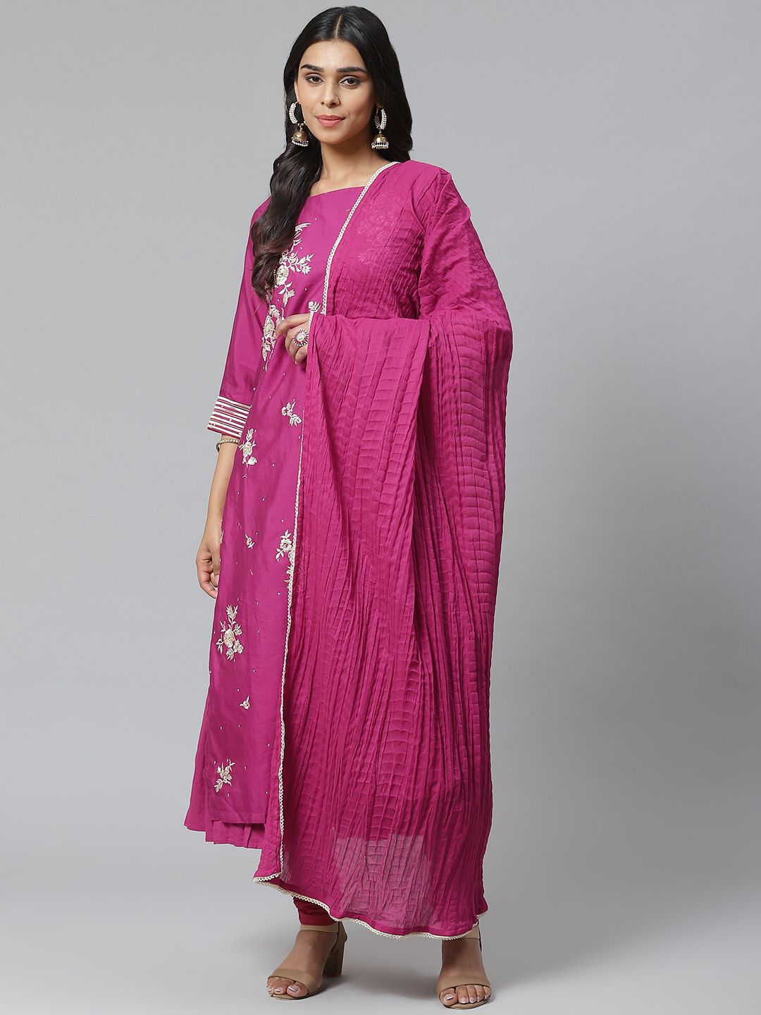 Biba Women Magenta Pink Embroidered Layered Kurta with Churidar & Dupatta