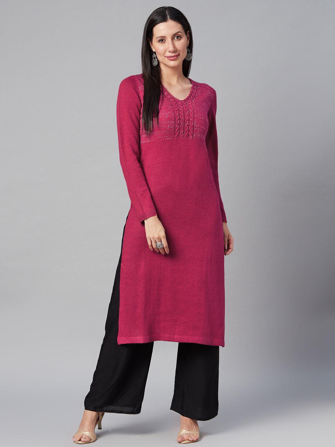 Biba Women Magenta Yoke Design Winter Kurta