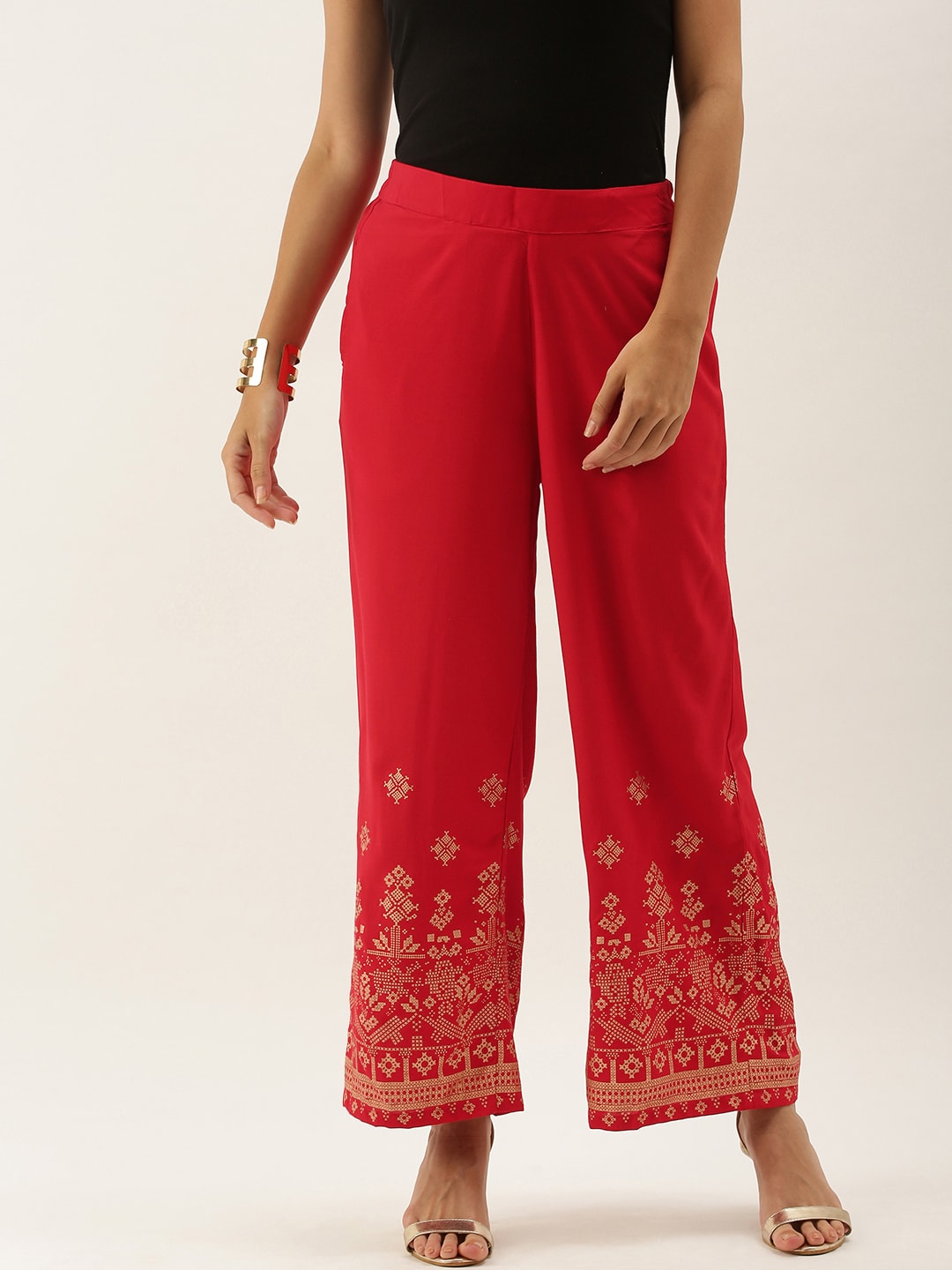Anouk Women Red & Gold-Toned Printed Ethnic Palazzos Price in India