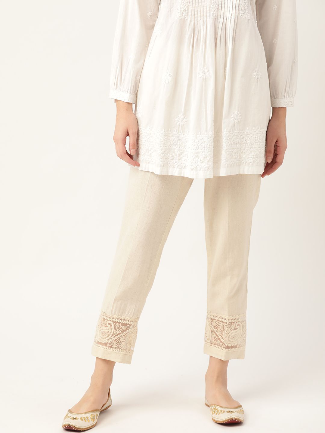 Anouk Women Off White Cropped Cigarette Trousers with Lace Detail Price in India