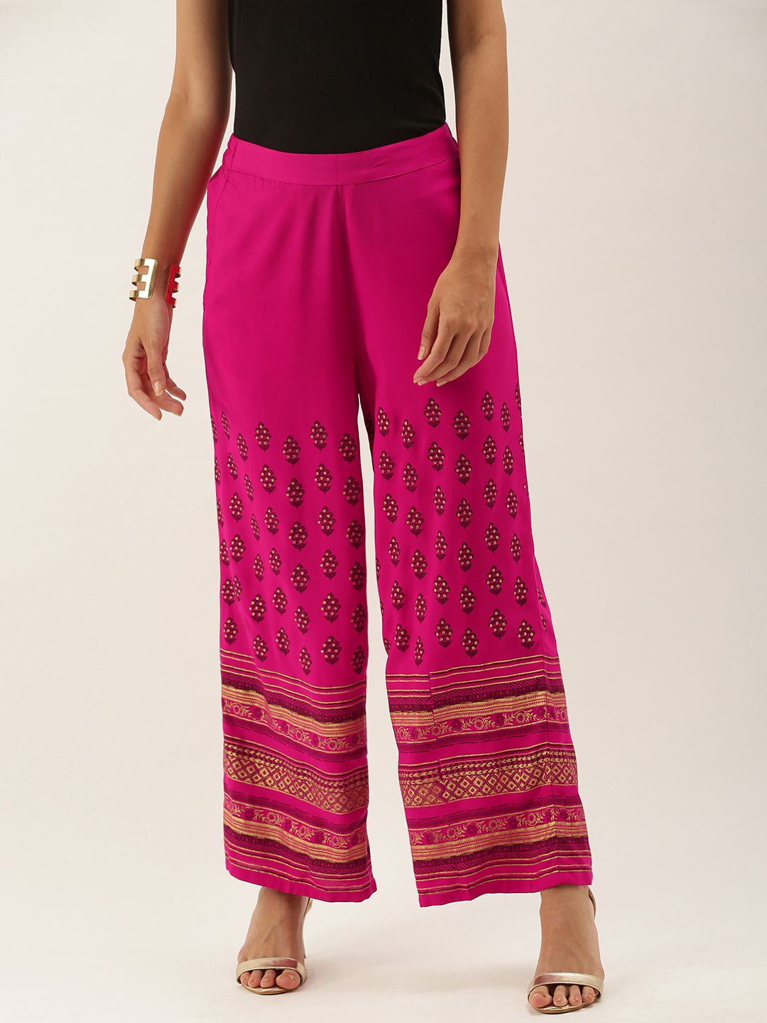 Anouk Women Pink & Black Printed Ethnic Palazzos Price in India