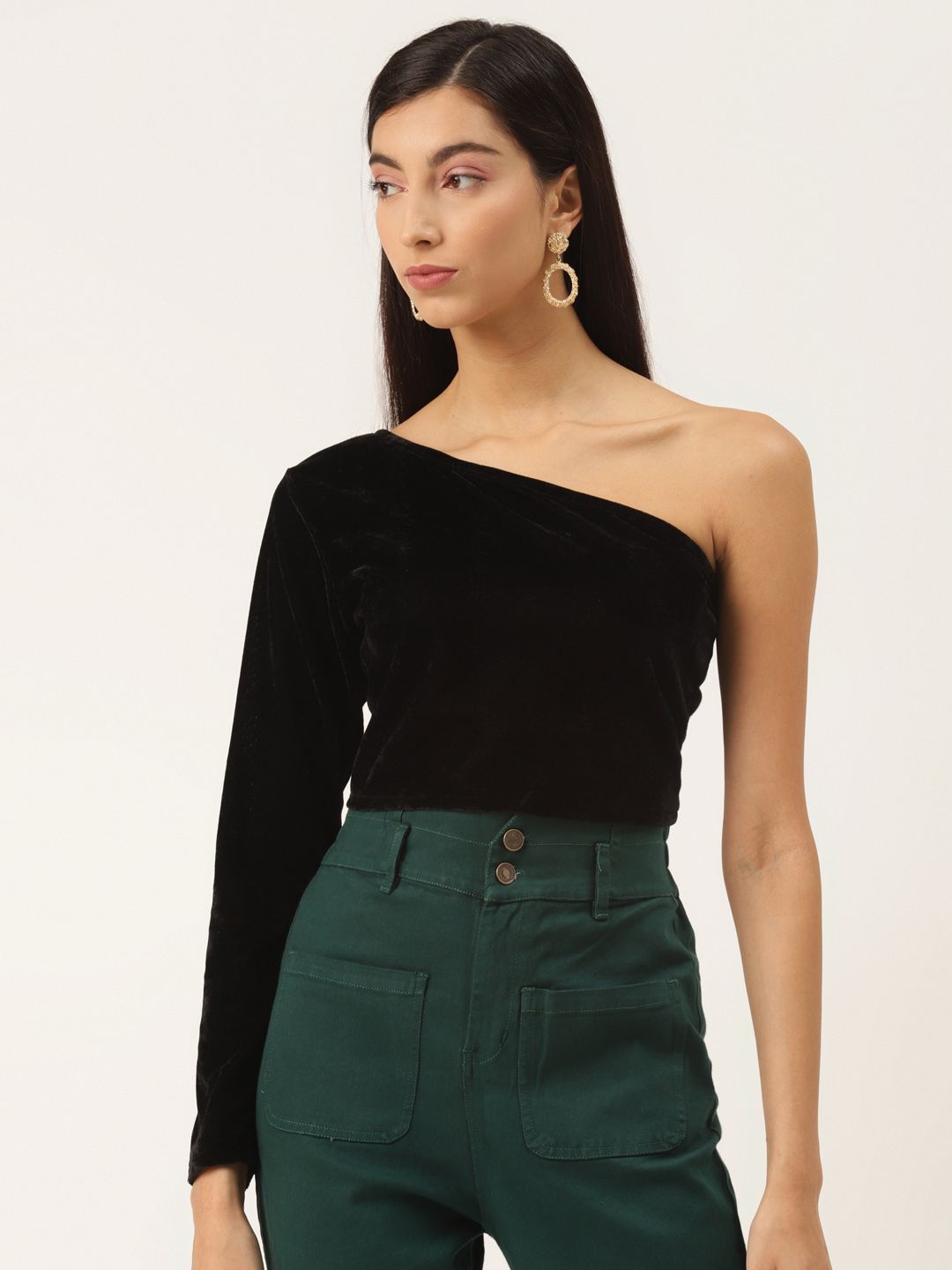 Trend Arrest Black One Shoulder Velvet Fitted Crop Top