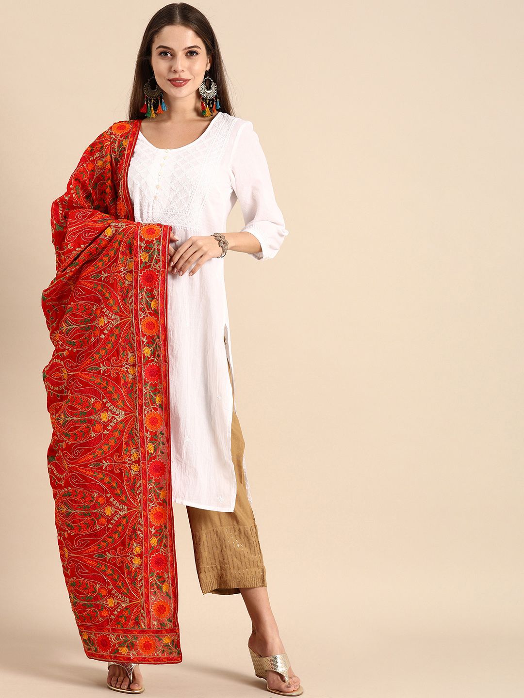 VASTRANAND Red & Gold-Toned Embroidered Dupatta Price in India