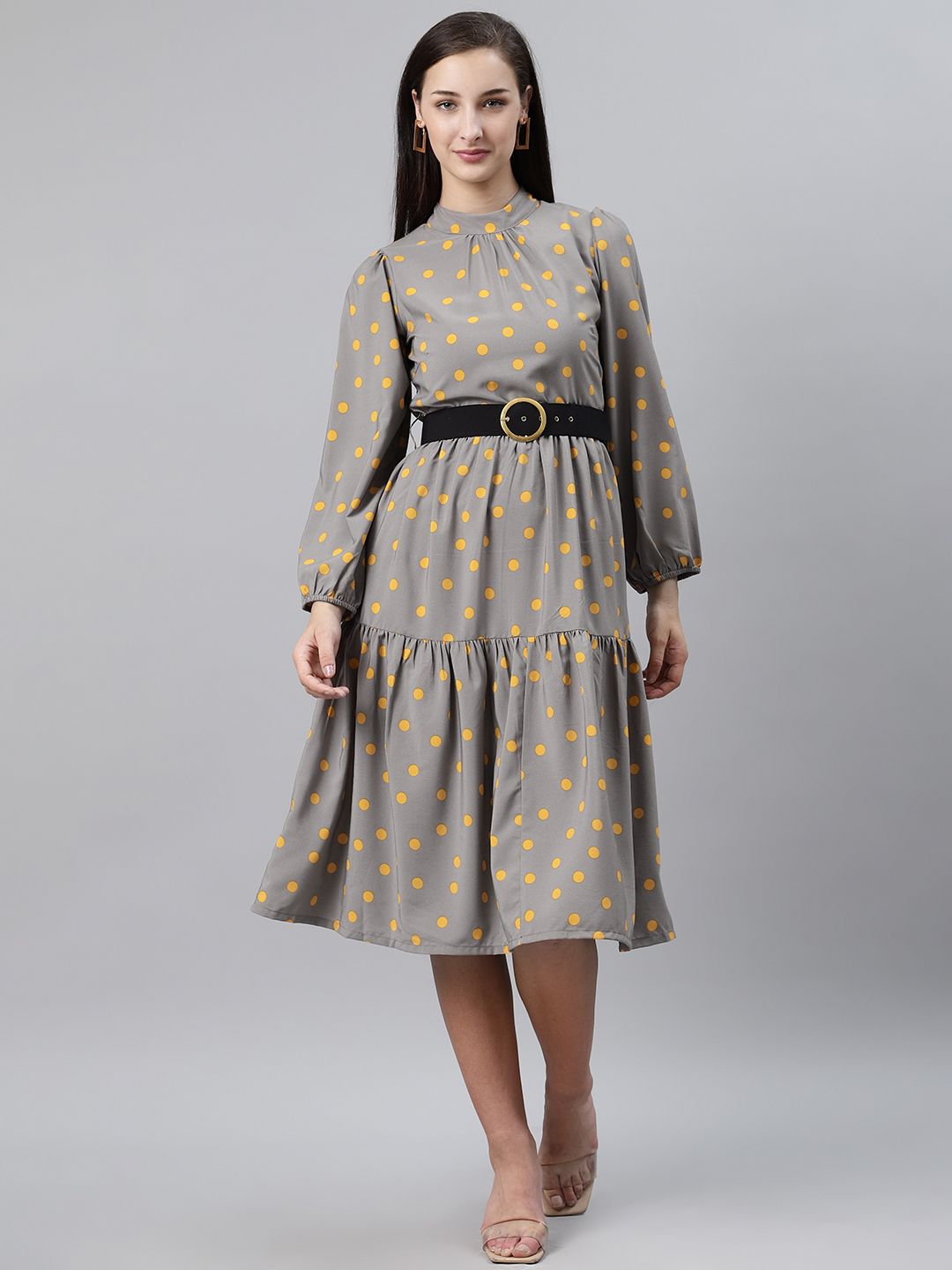 plusS Women Grey & Yellow Polka Dot Print A-Line Dress Price in India