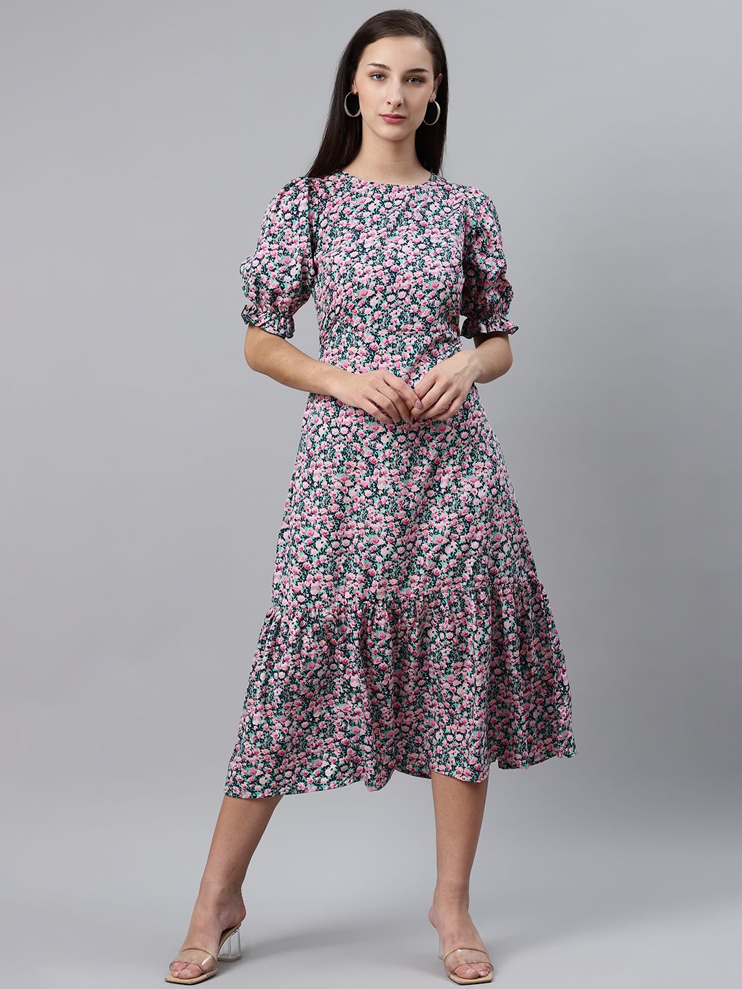 plusS Women Pink & Sea Green Ditsy Floral Print Midi A-Line Dress Price in India