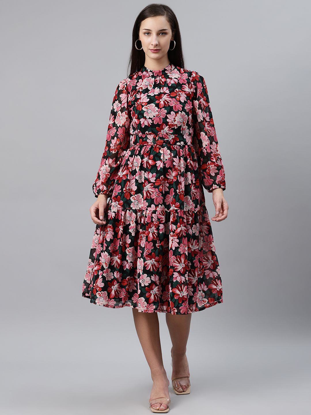 plusS Women Black & Pink Floral Print Fit & Flare Dress Price in India