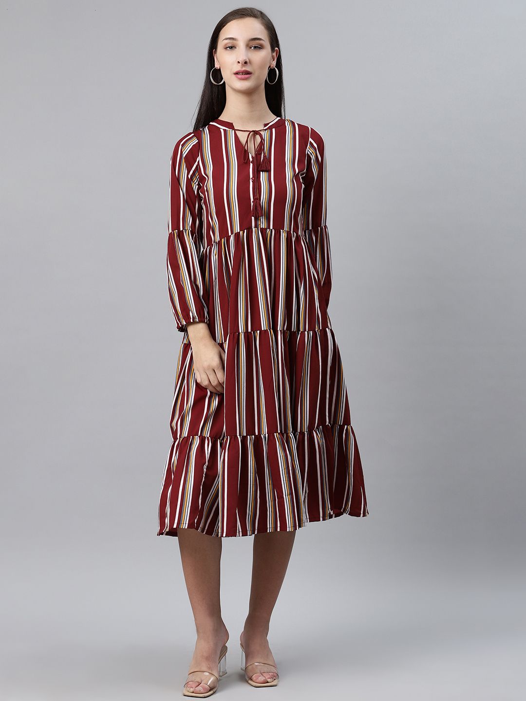 plusS Women Maroon & White Striped Midi Tiered A-Line Dress