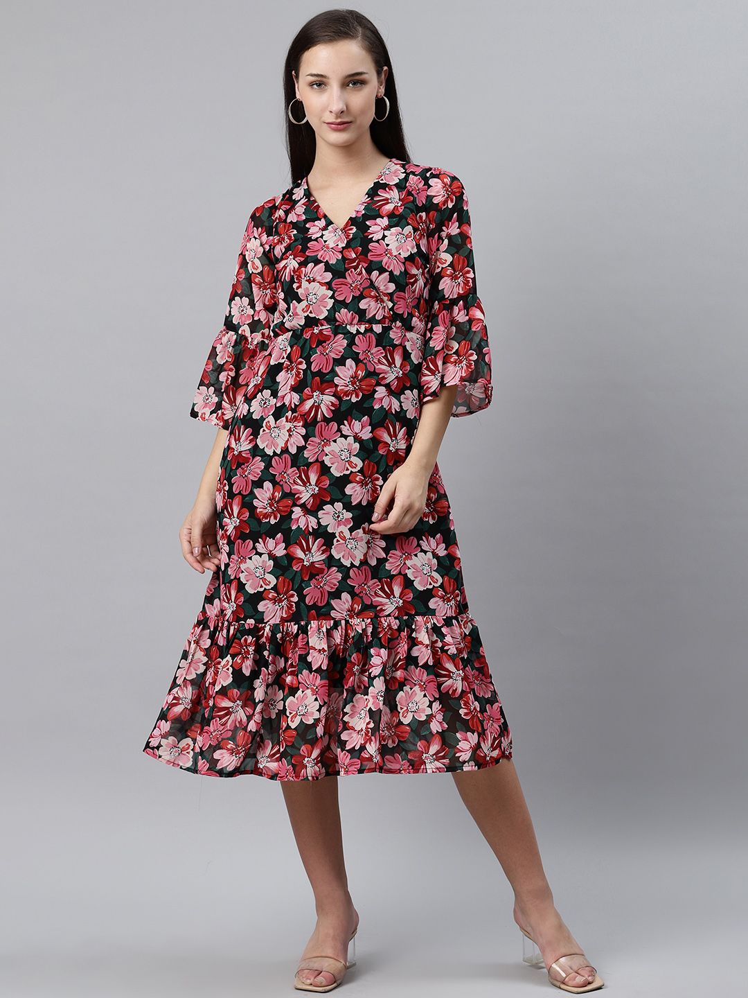 plusS Women Black & Pink Floral Print Wrap Dress Price in India