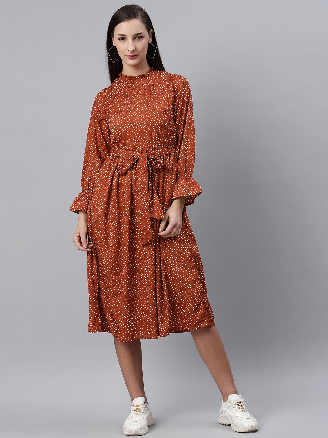 plusS Women Rust Brown & White Dotted Print A-Line Dress with Belt Price in India