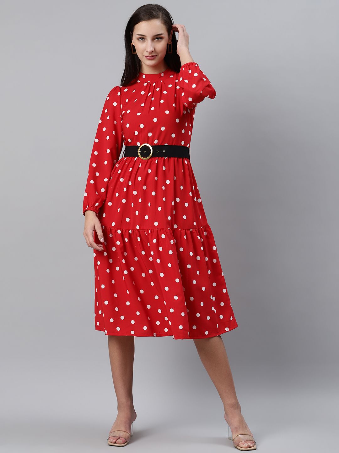 plusS Women Red & White Polka Dot Print Fit & Flare Dress Price in India