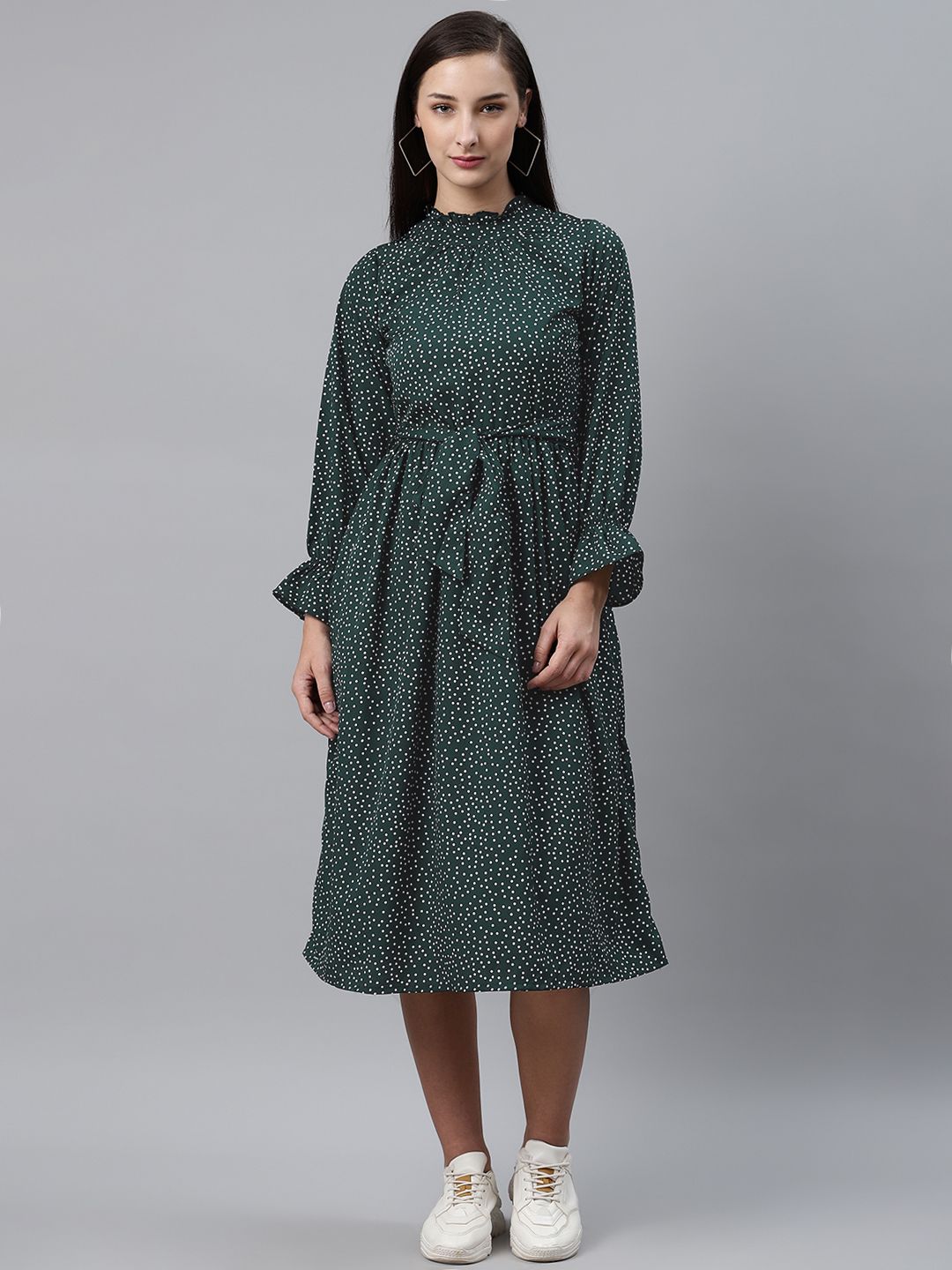 plusS Women Green & White Dotted Print A-Line Dress with Belt Price in India