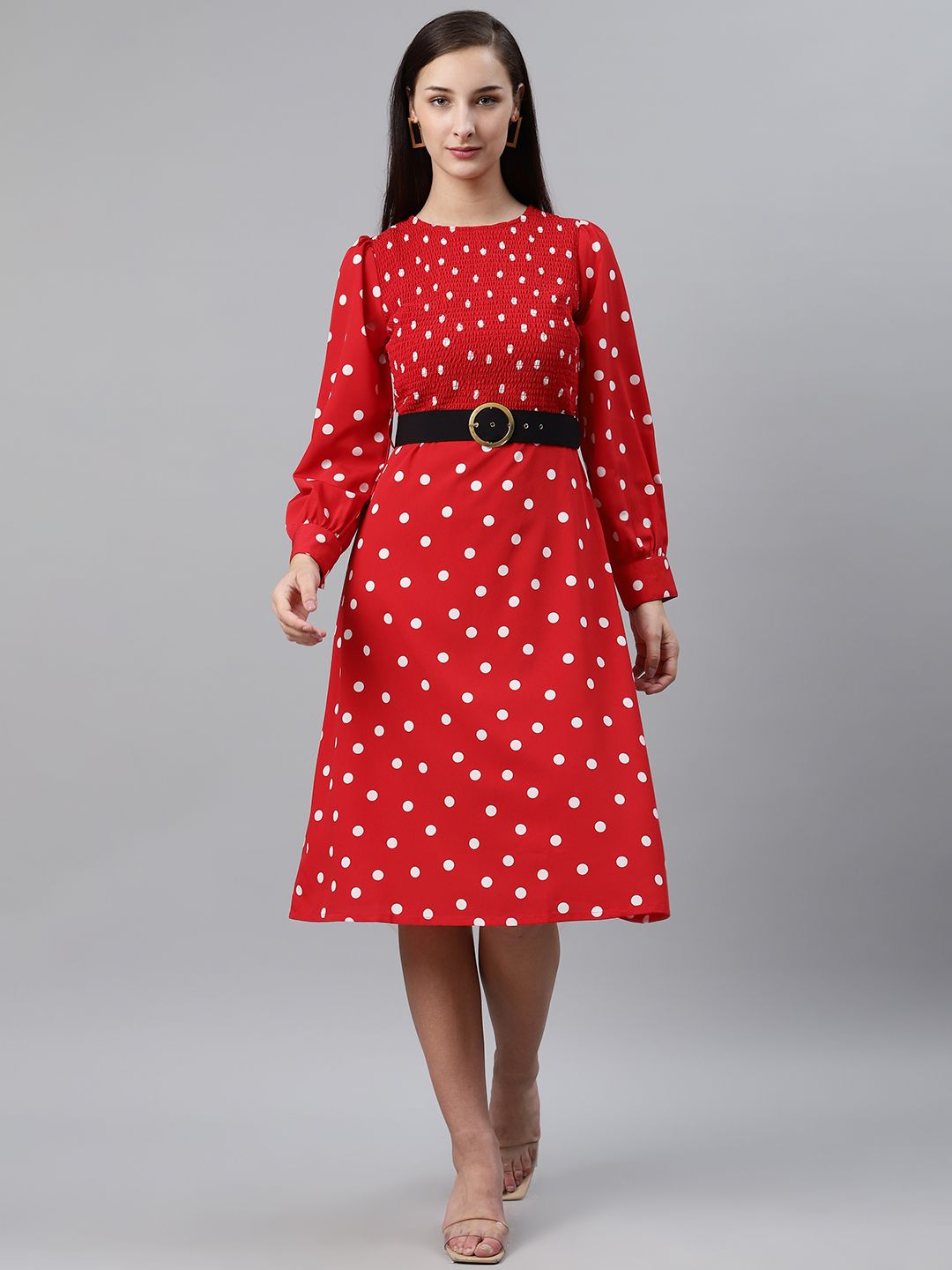 plusS Women Red & White Polka Dot Print Fit & Flare Dress with Smocked Detail Price in India