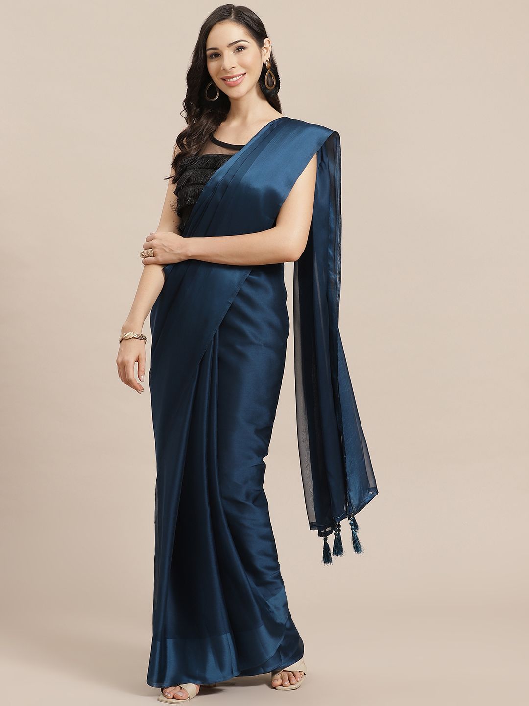 Nanda Silk Mills Teal Blue Solid Saree