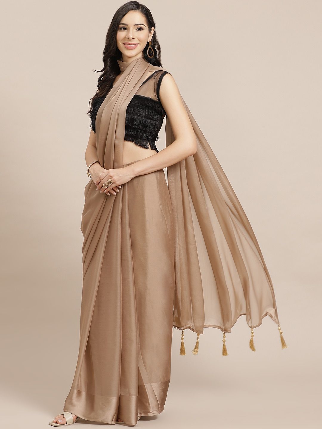 Nanda Silk Mills Beige Solid Saree