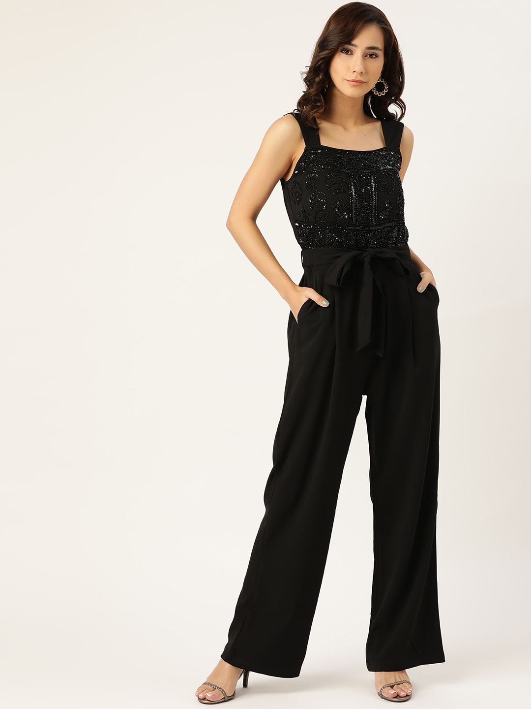 Antheaa Black Embellished Basic Jumpsuit with Belt Price in India